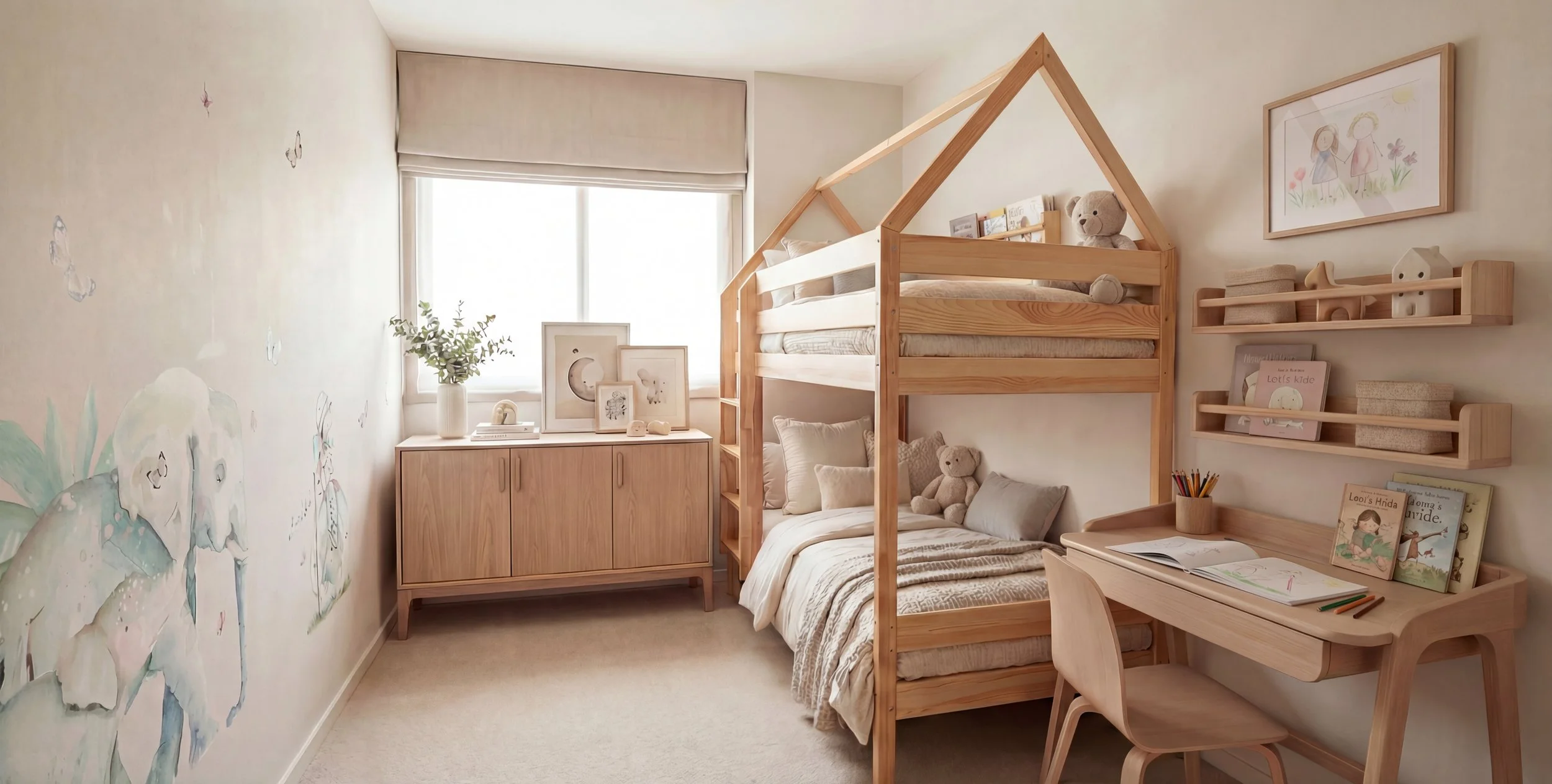 "Detalles en Habitación infantil en reforma integral en Sant Cugat. Diseño orgánico y minimalista cálido para optimizar el espacio en vivienda familiar."