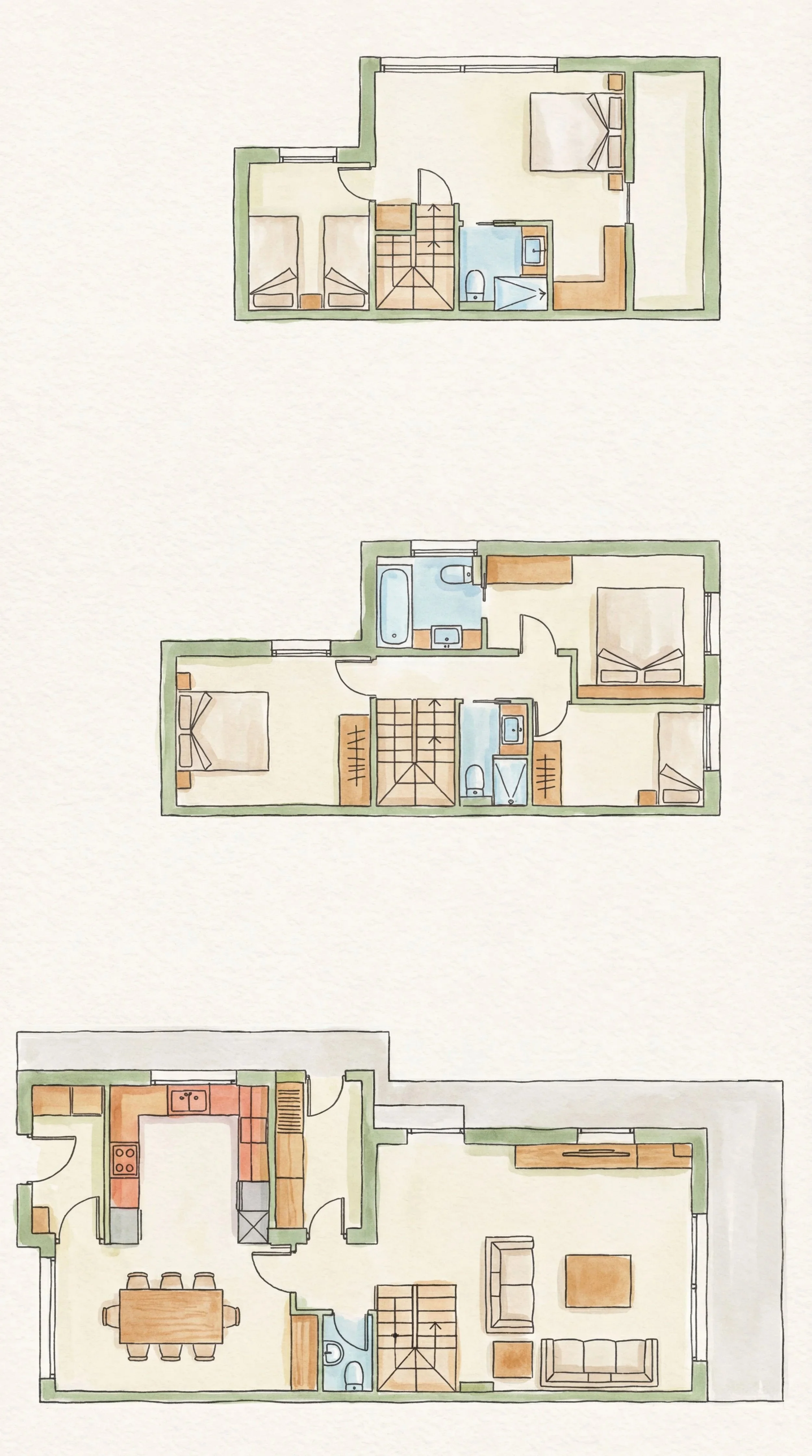 Planos de estado inicial y final ilustrados para reforma de refugio en La Cerdanya. Reconfiguración de tres plantas para maximizar la luz natural y la capacidad de alojamiento.
