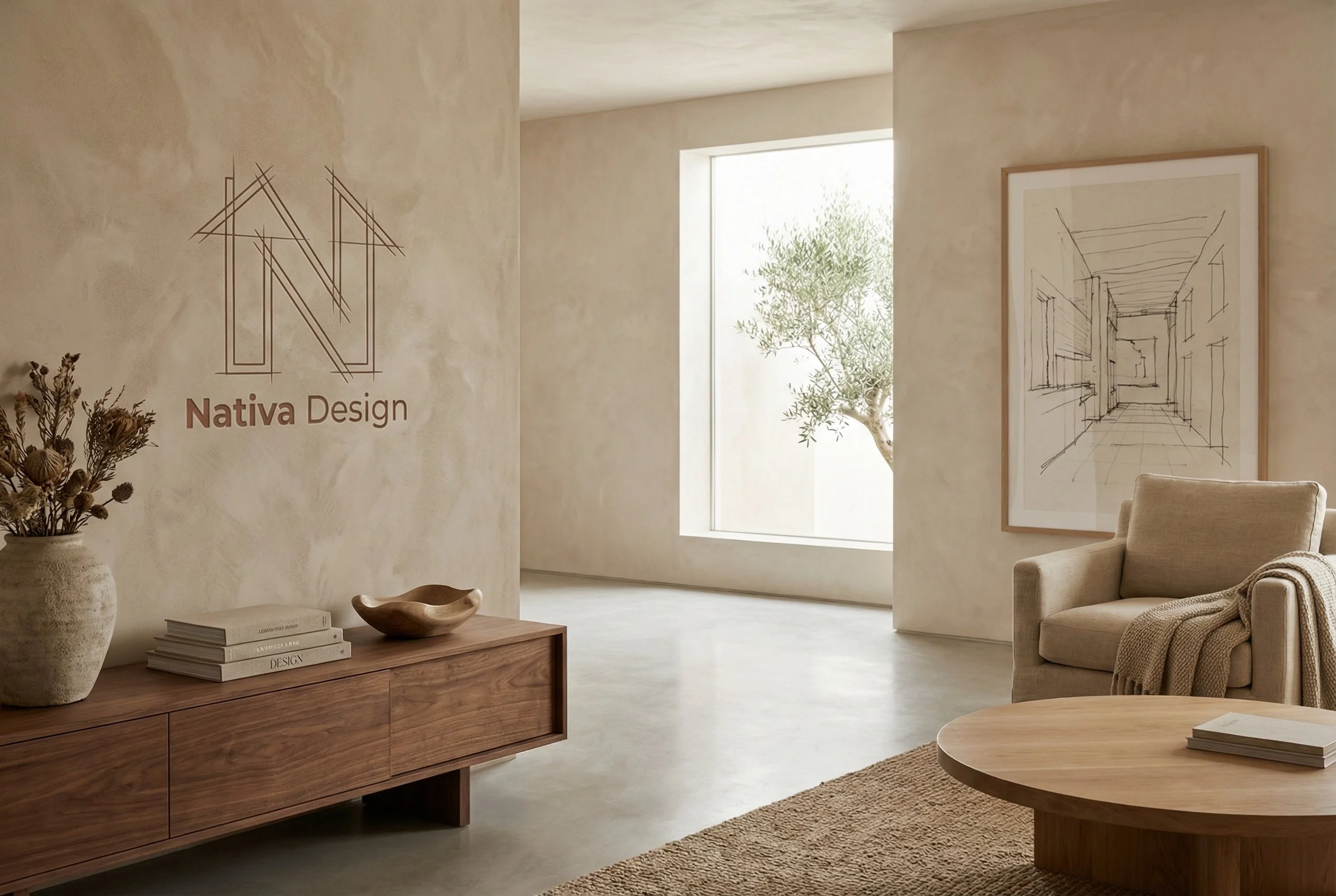 Interior de una sala con paredes en color beige, un tapiz con el logo de Nativa Design en la pared, un mueble de madera con algunos libros y una vasija con decoración seca, un sillón beige con una manta, una mesa redonda de madera en primer plano, y un cuadro colgado en la pared con un dibujo de un pasillo arquitectónico. También se ve una ventana grande con vista a un árbol verde.
