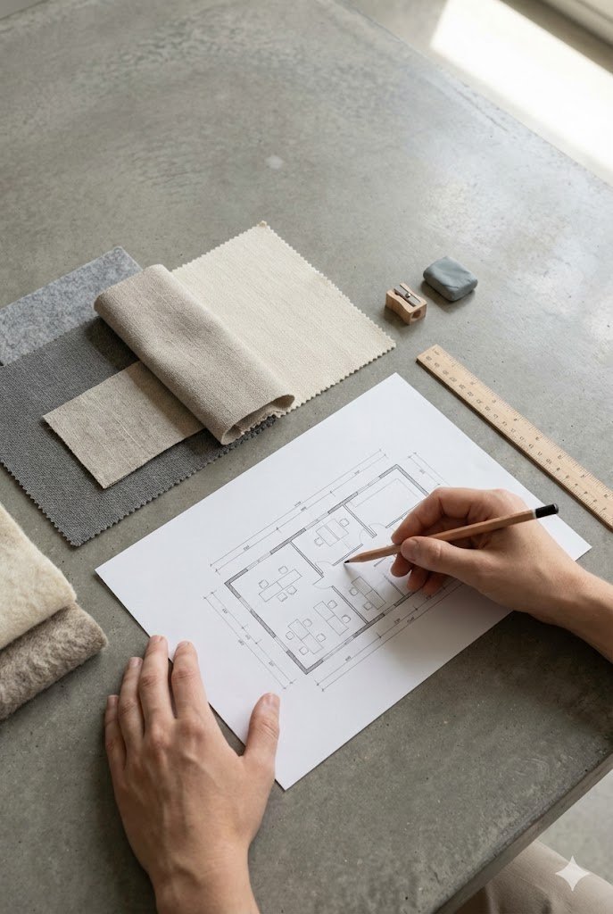 Dibujo de un plano arquitectónico en una mesa, rodeado de muestras de tela, un regla, una grapadora y una goma de borrar, con una mano señalando el plano con un lápiz.