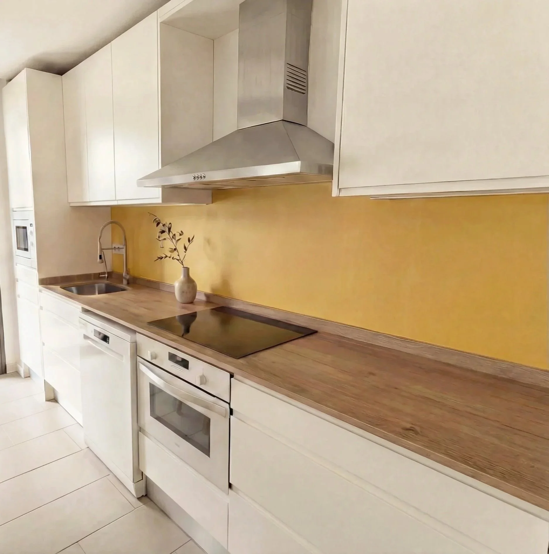 "Cocina funcional con encimera de madera y muebles blancos en proyecto de interiorismo en Sant Cugat. Diseño estratégico integrado para facilitar la dinámica familiar."