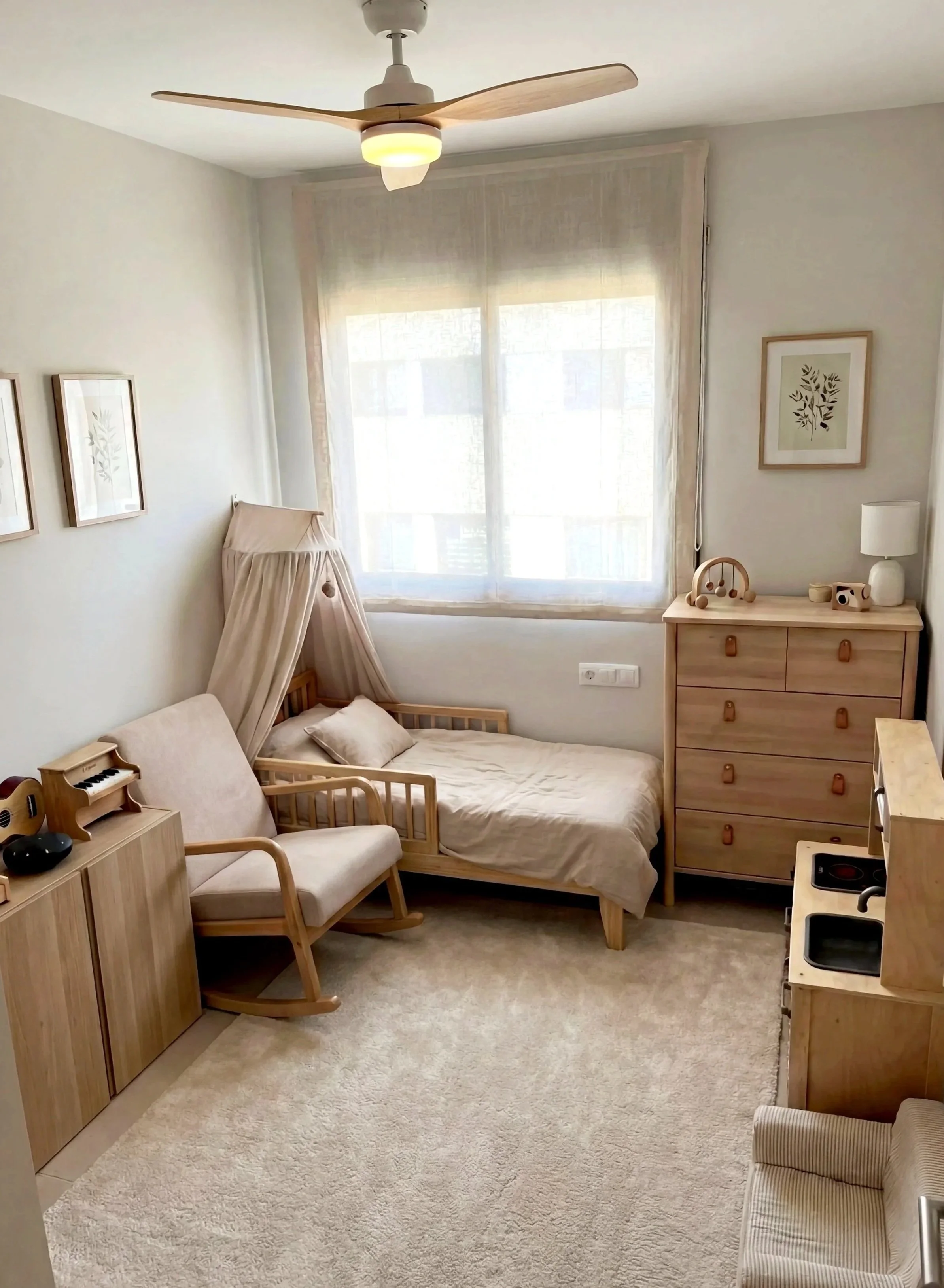 "Cuarto de juegos infantil con mobiliario de madera natural en reforma integral en Sant Cugat. Espacio ordenado y orgánico que crece con la familia."