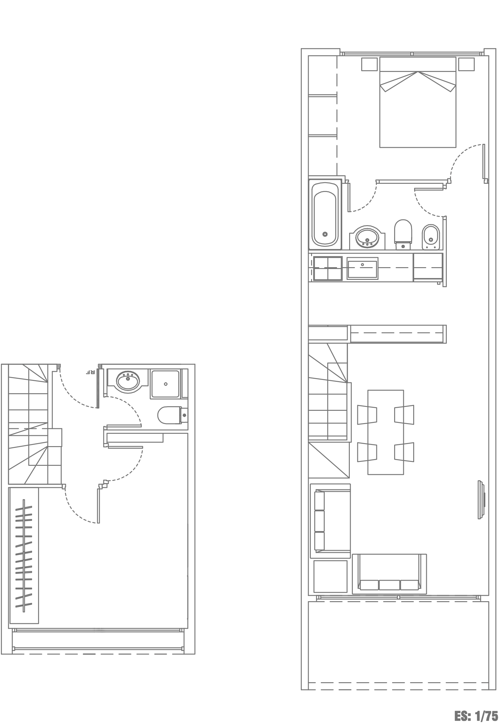 "Planos de distribución antes y después para reforma de dúplex vacacional, mostrando la optimización estratégica del espacio."