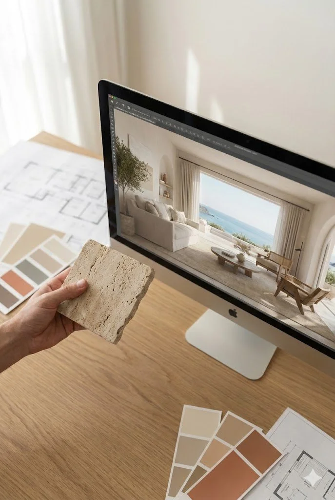 Persona sostiene una muestra de material de piedra junto a una pantalla de computadora que muestra un diseño interior de sala con vista al mar, en un escritorio con paletas de colores y planos de diseño.