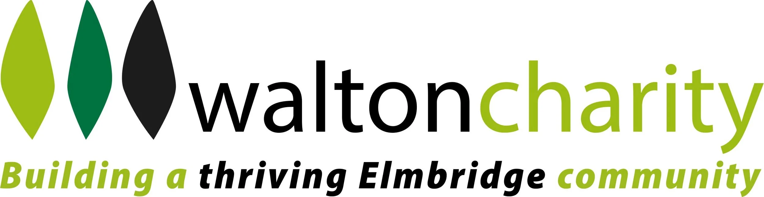 Walton Charity logo with three green and black leaves and the text 'walton charity Building a thriving Elmbridge community'.