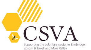 Logo of CSVA with yellow hexagon shapes and a bee icon, supporting the voluntary sector in Elmbridge, Epsom & Ewell, and Mole Valley.