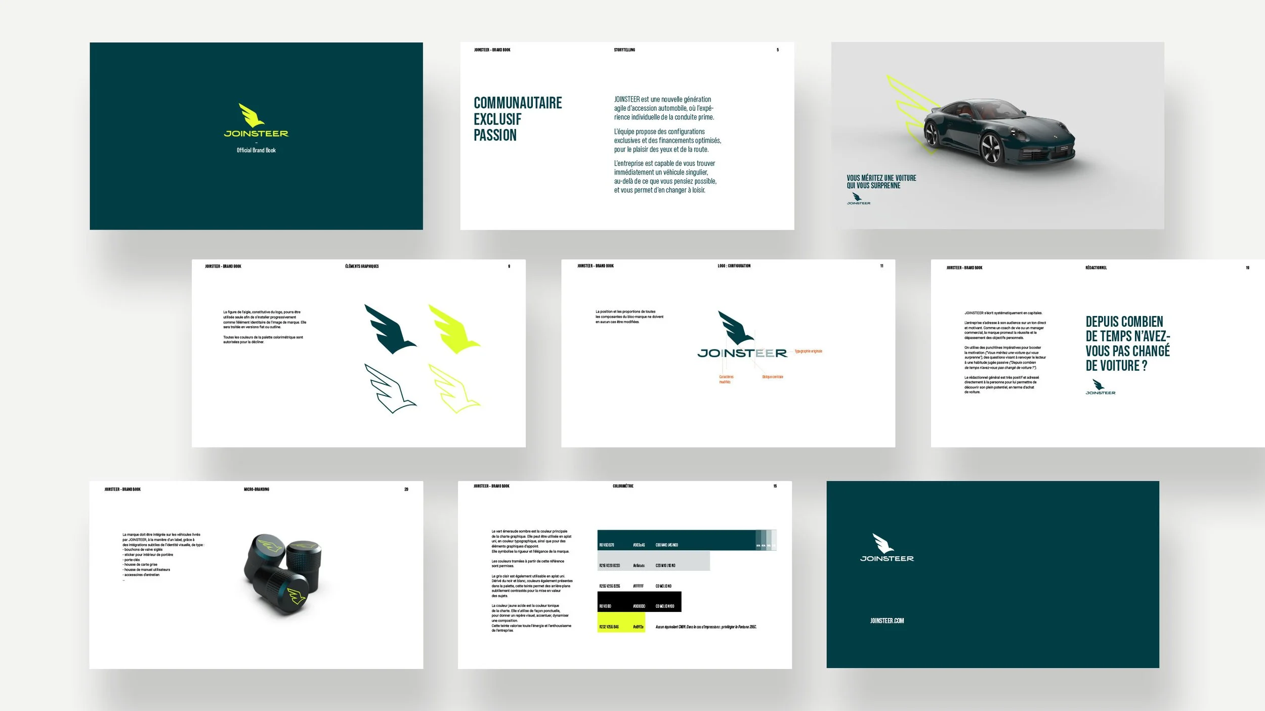 Pages du brandbook JOINSTEER et présentant logo, produit, couleurs, valeurs et slogan.