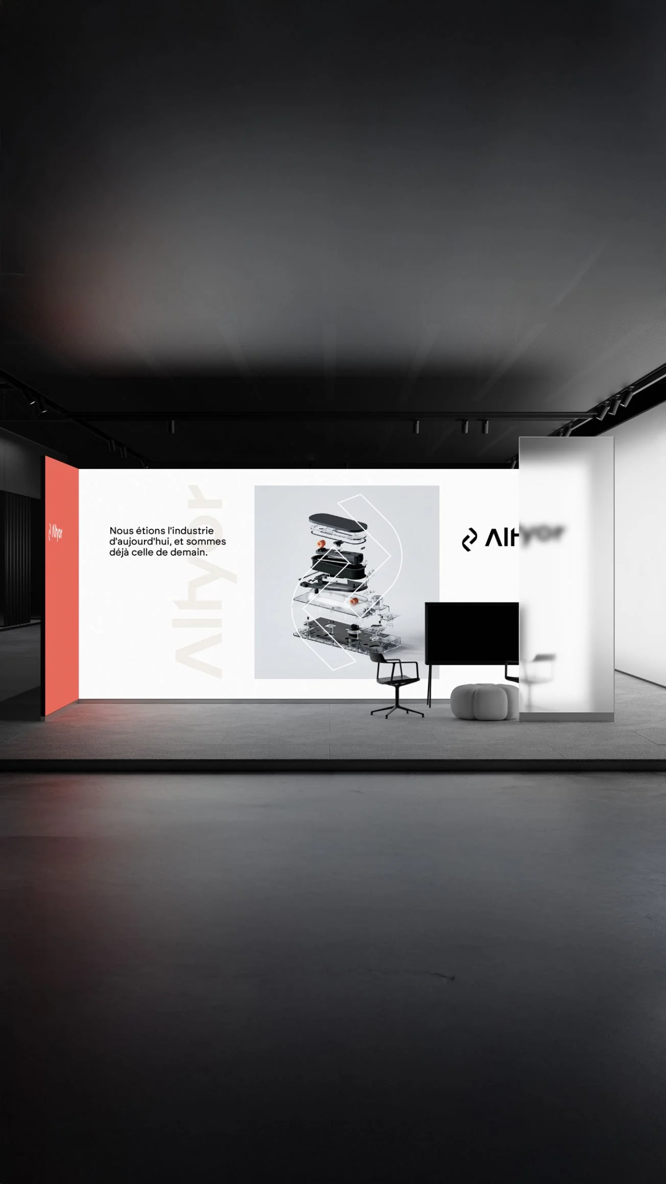 Mockup d'un stand moderne avec la nouvelle identité de marque d'ALTYOR, affichage numérique, fauteuil, écran et pouf dans un espace moderne.