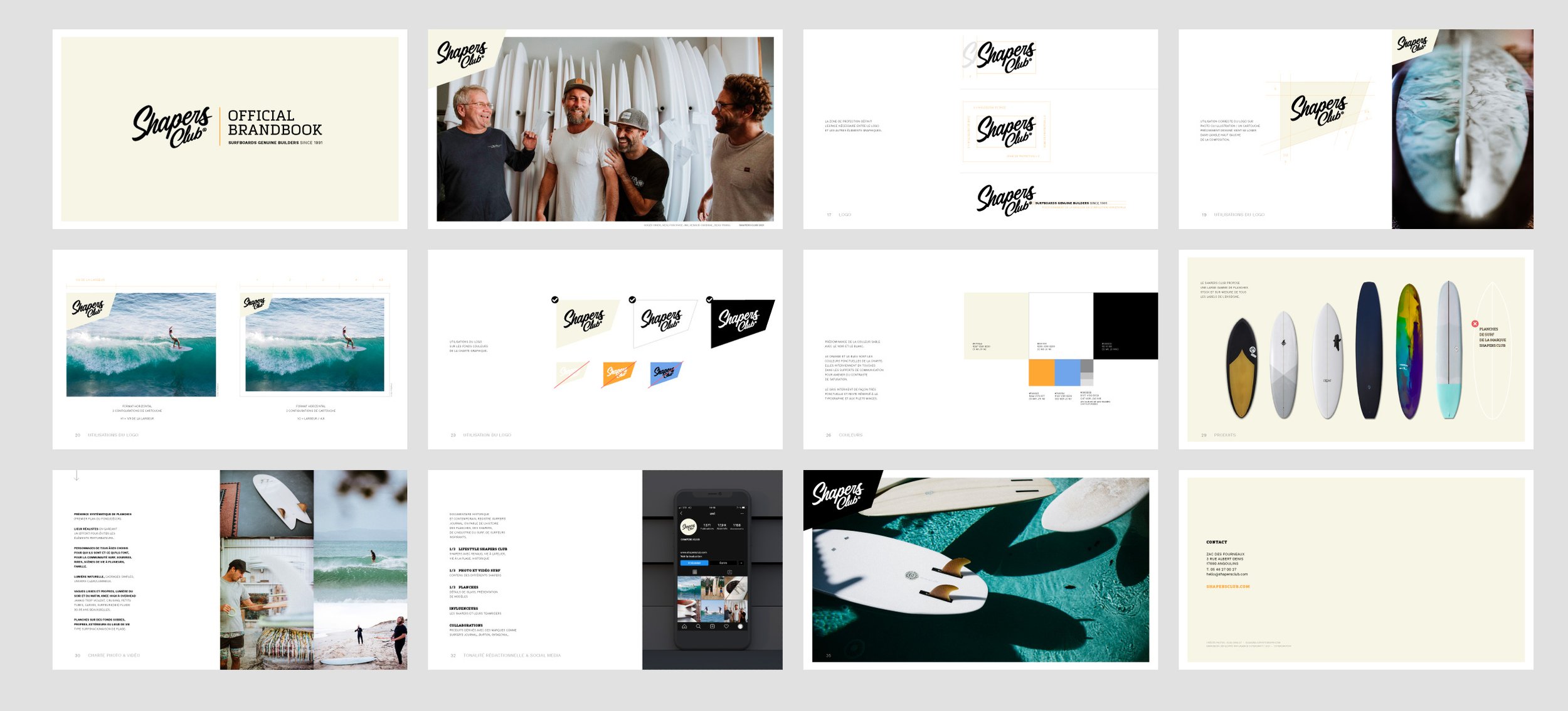 Collage de plusieurs pages de la présentation de la marque SHAPERS CLUB avec des photos de surfeurs, planches de surf, logo, et éléments graphiques liés au surf.