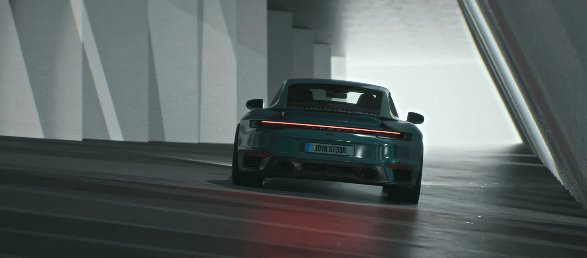Une voiture de sport Porsche en mouvement dans un tunnel moderne, vue de l'arrière, avec un éclairage rétroéclairé et un numéro de plaque d'immatriculation.«J01N ST33R» pour JOINSTEER.