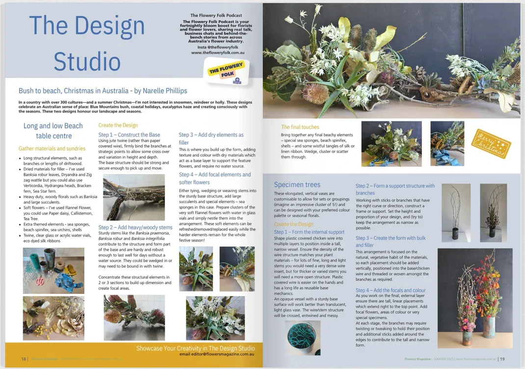 Magazine spread featuring floral design tips and techniques. The pages include text, images of floral arrangements, and step-by-step guides on creating floral structures, with decorative flowers and foliage in the images.