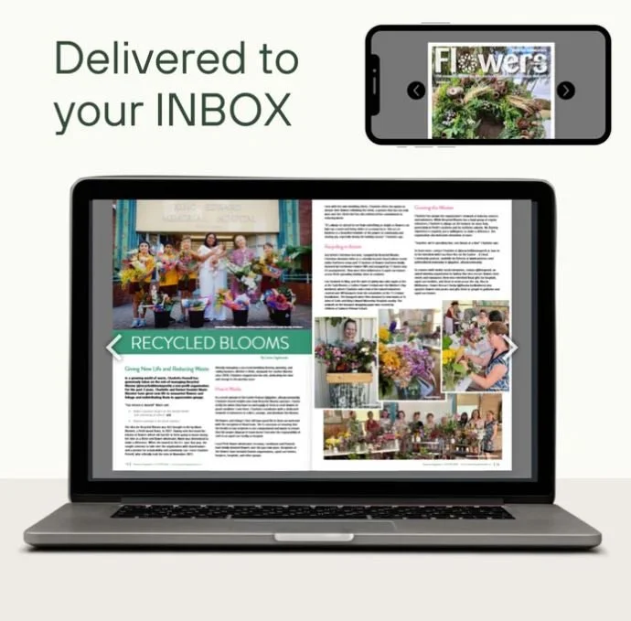 Laptop and smartphone screens showing a digital newsletter about recycled blooms and flowers, with images of people and flowers.