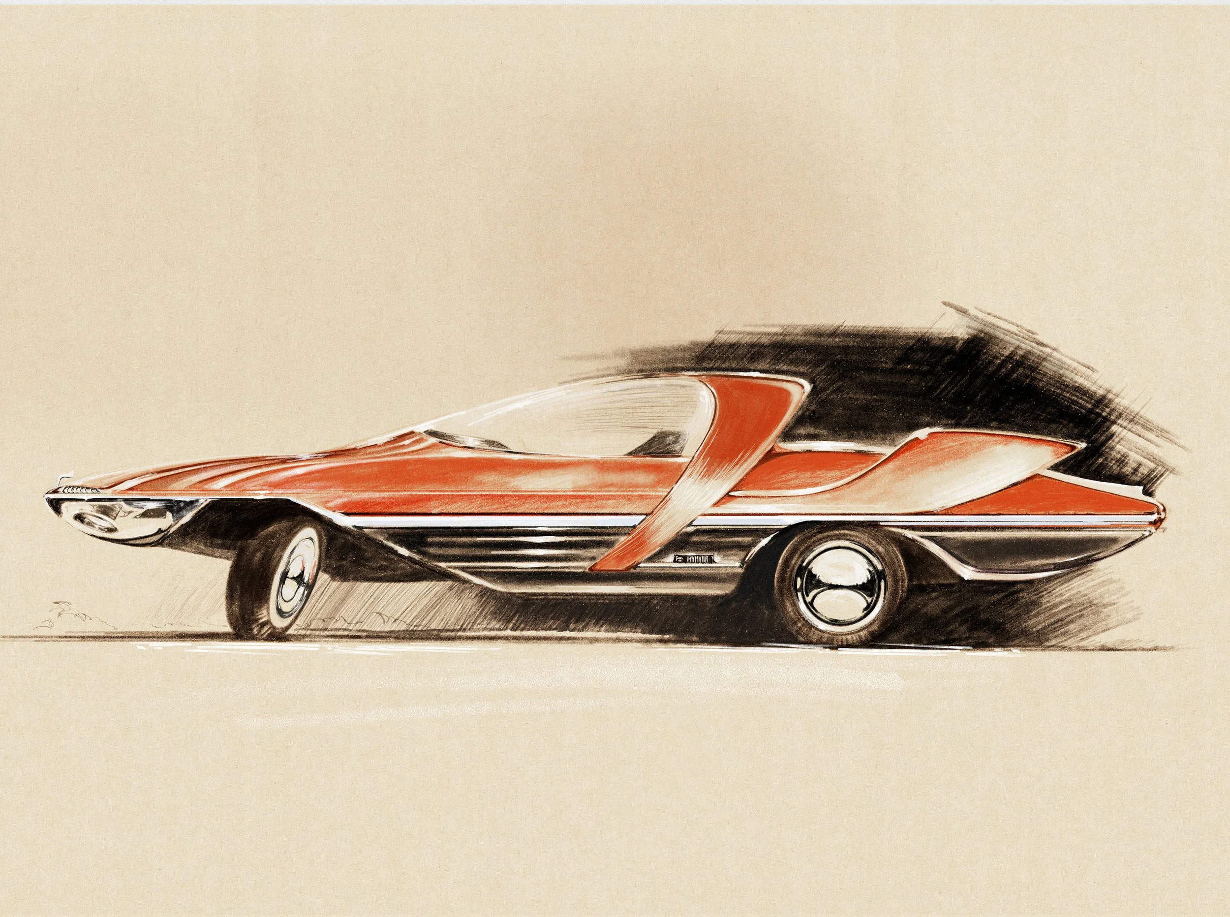 Sketch of a vintage red concept car with sleek, futuristic design, prominent rear fin, and aerodynamic shape on a beige background.