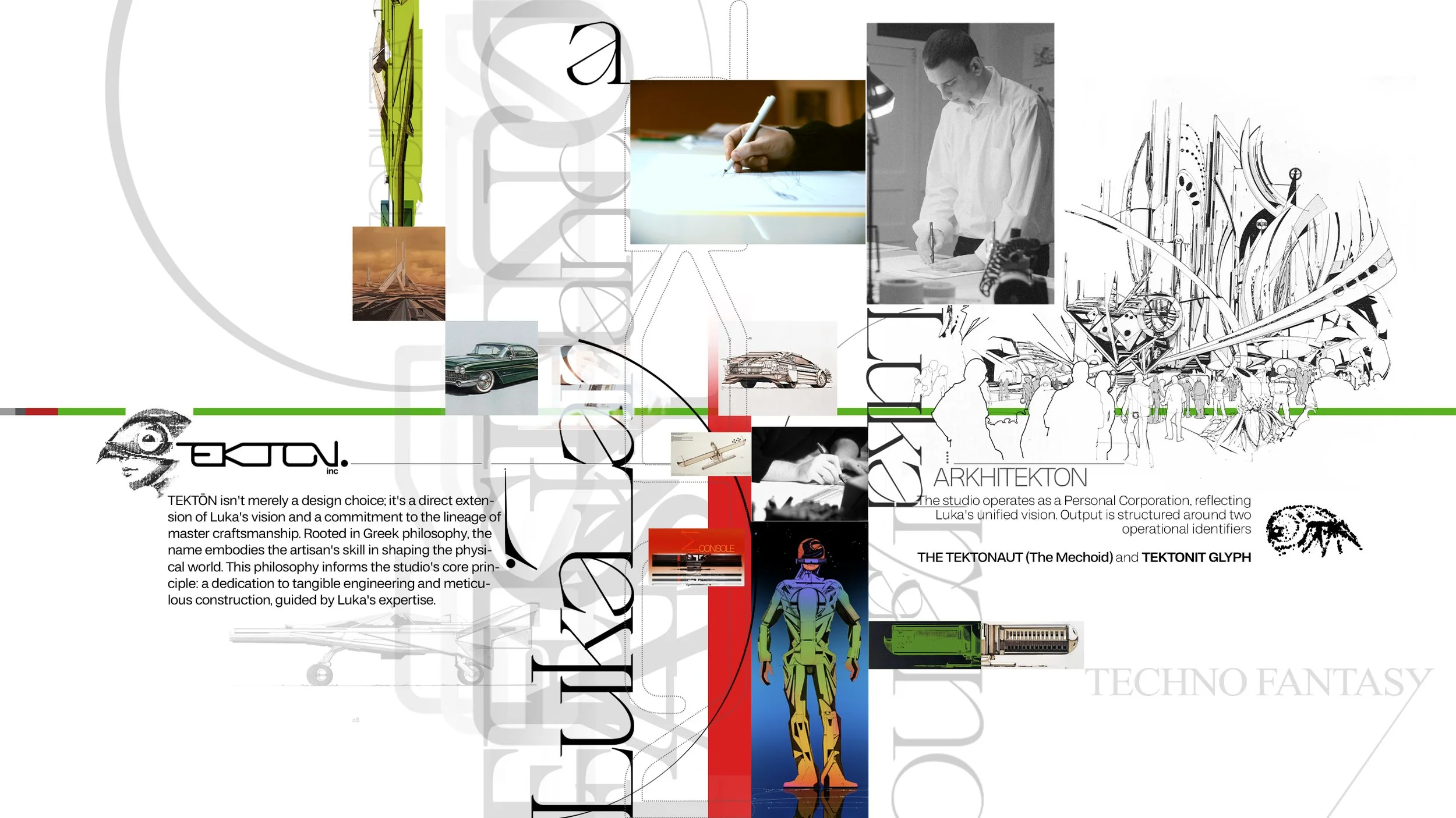A collage featuring designers, engineers, cars, and futuristic architecture, with text about the studio's philosophy, projects, and focus on technology, creativity, and craftsmanship.