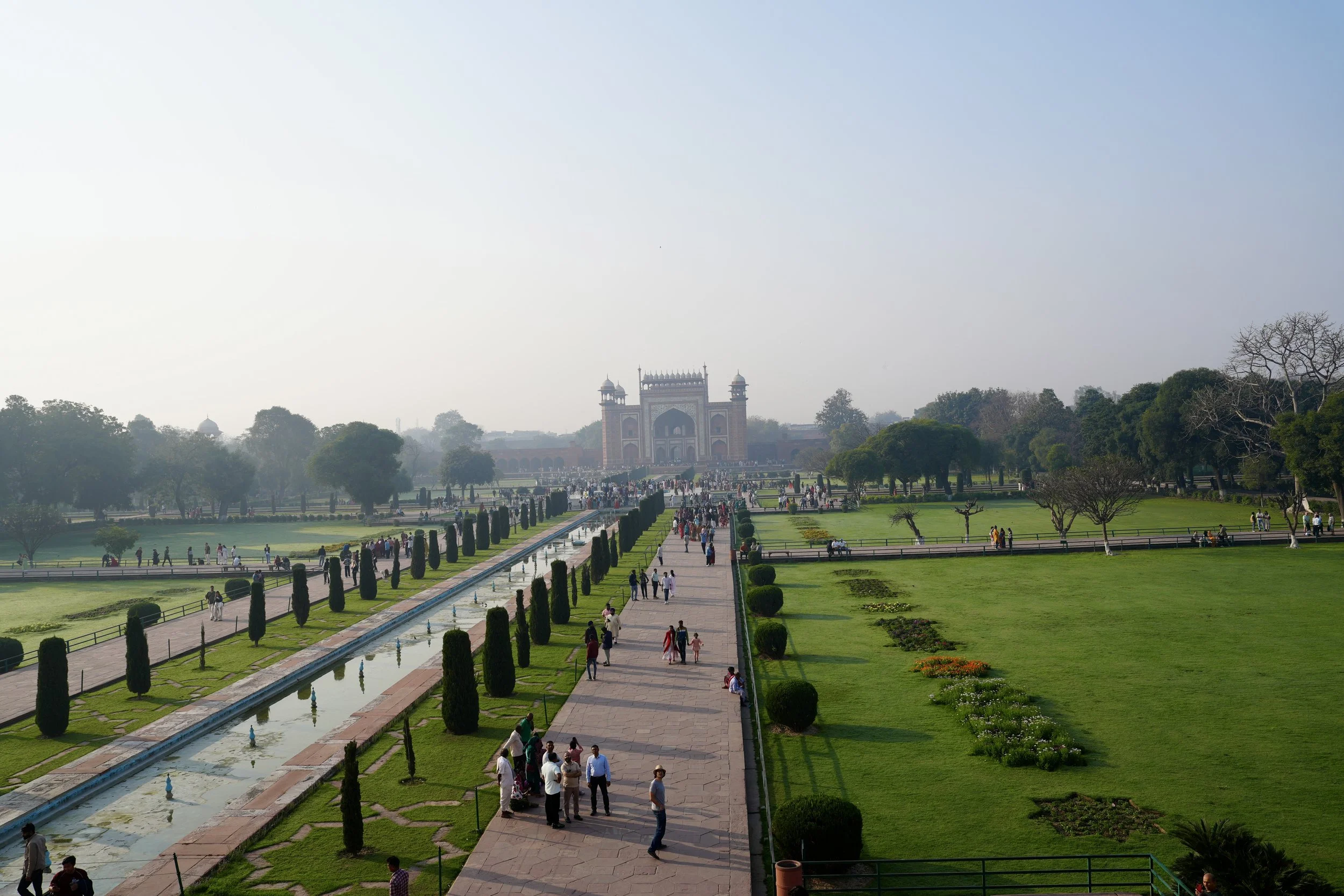View across the Taj Mahal gardens towards the main gateway in Agra