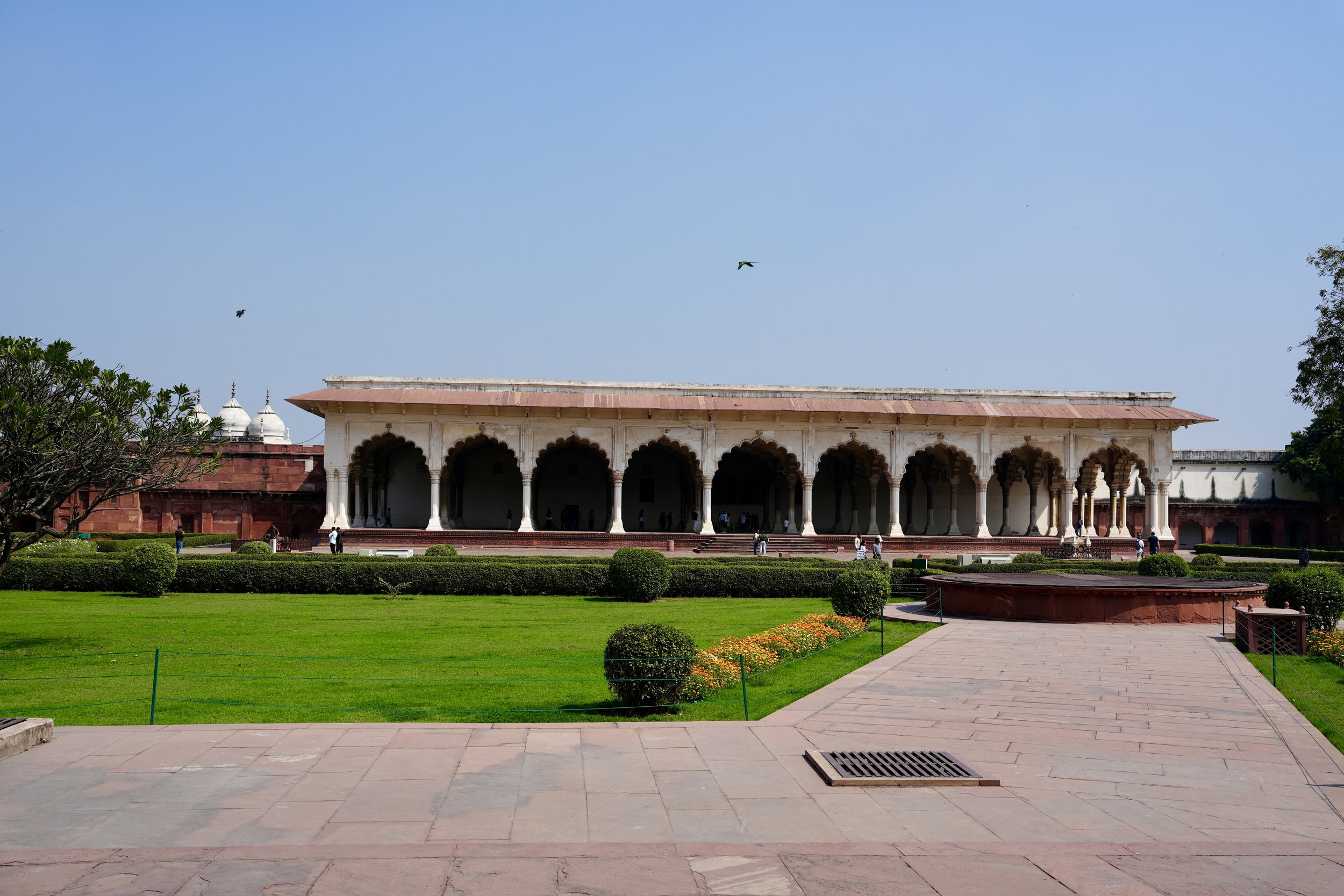 Diwan-i-Am audience hall at Agra Fort with columns and open courtyard where the emperor held public hearings