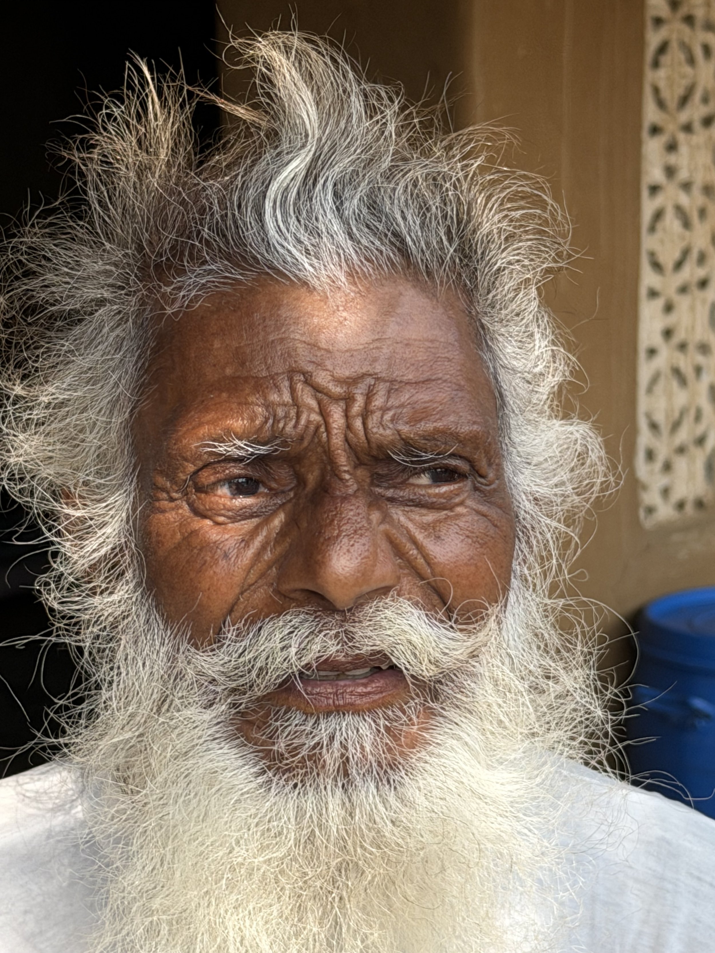 Close-up image of an elderly man with a long white beard and wild, white hair, looking slightly to the side with a serious expression.