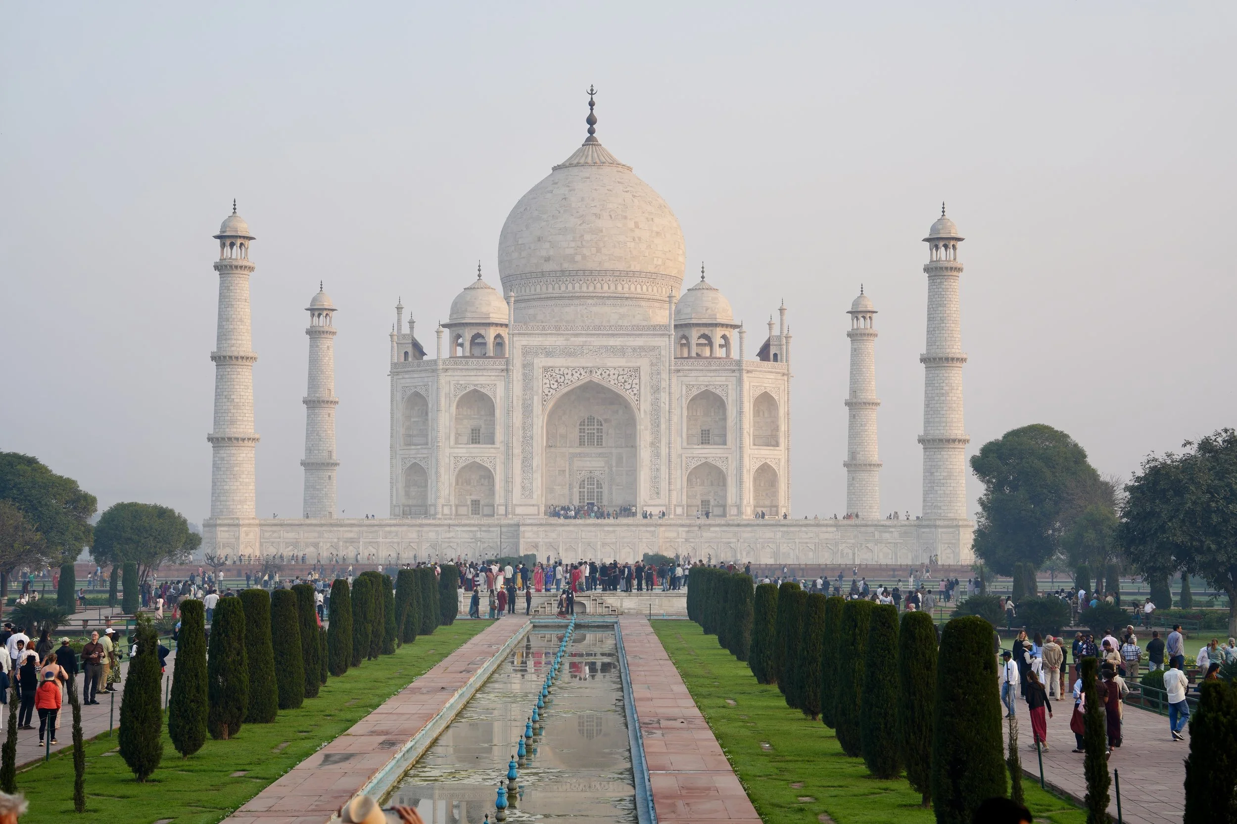 The Taj Mahal reflected in the long pool in Agra