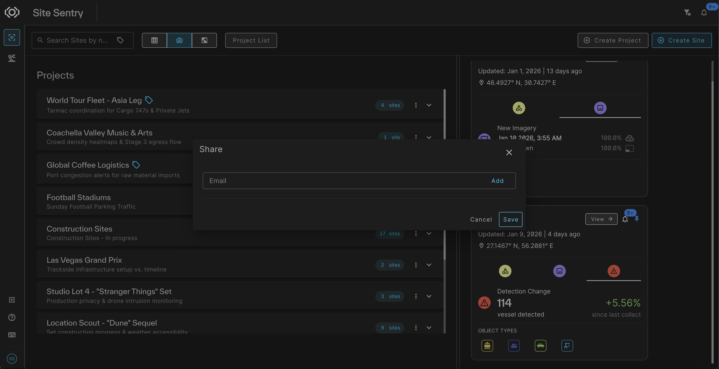 Screenshot of a digital platform for site management showing a list of projects, a sharing pop-up window, and various site details.