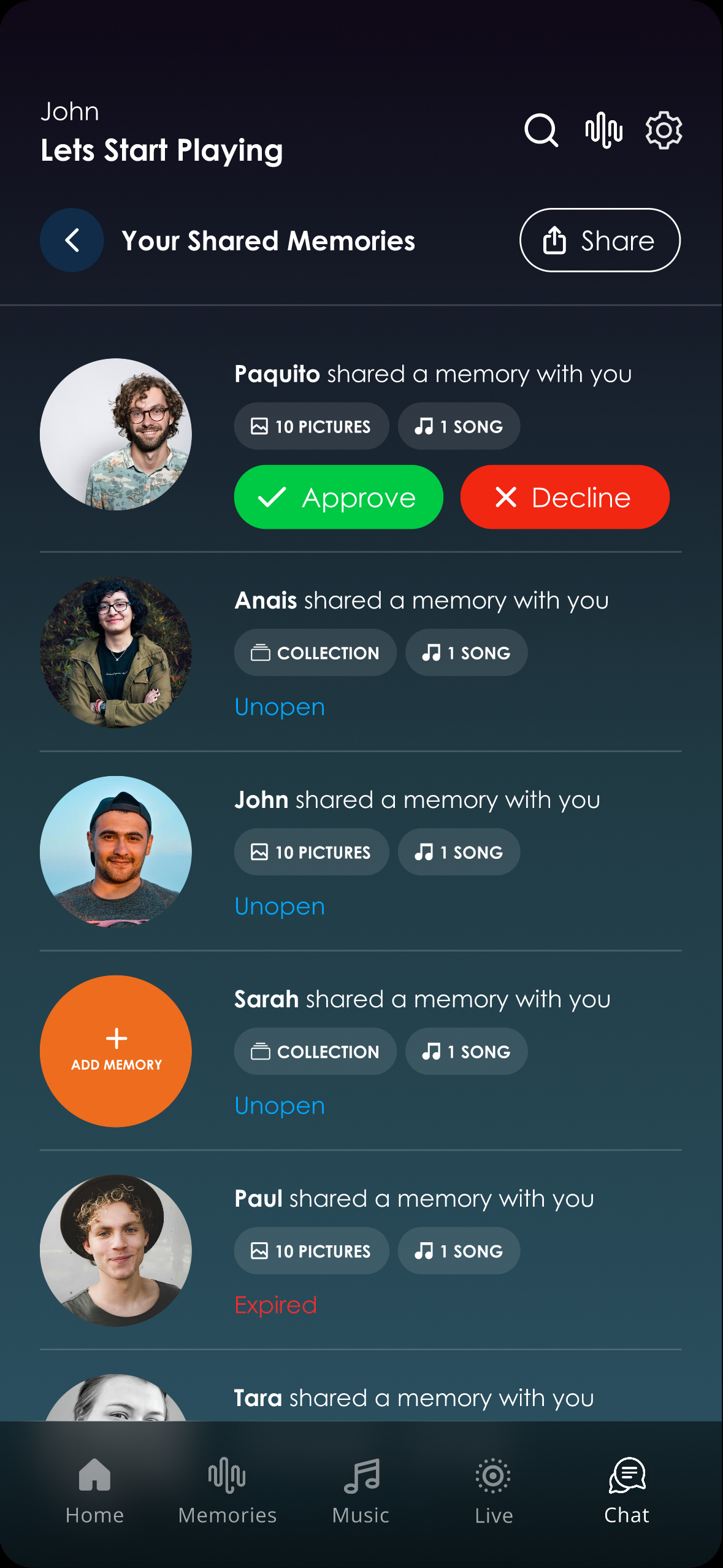 Mobile app screen showing shared memories from friends with profile pictures and options to approve, decline, or add memories, with navigation icons at the bottom.