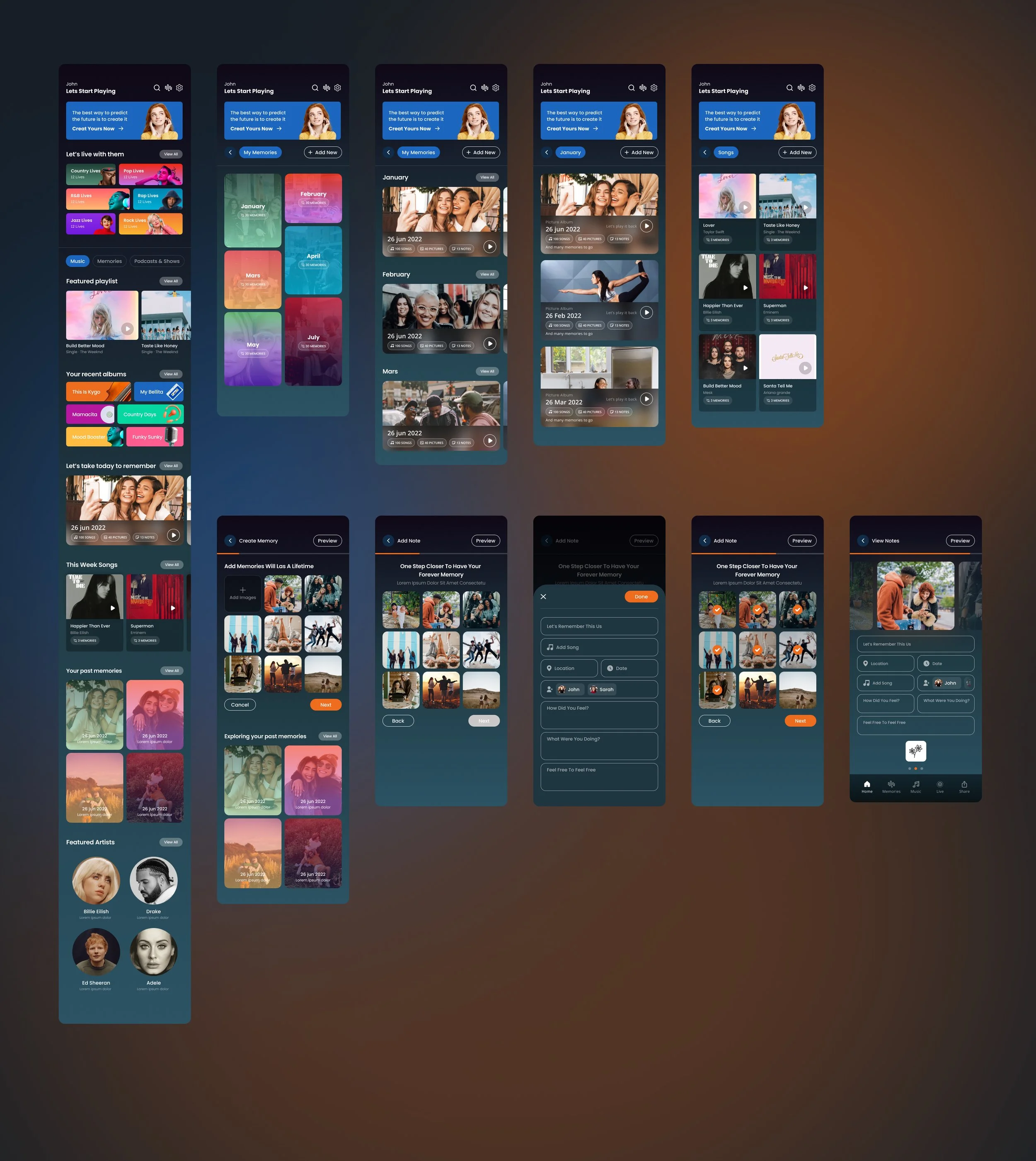 Collection of mobile app screens showing a music or media player interface with playlists, albums, and memory creation options.
