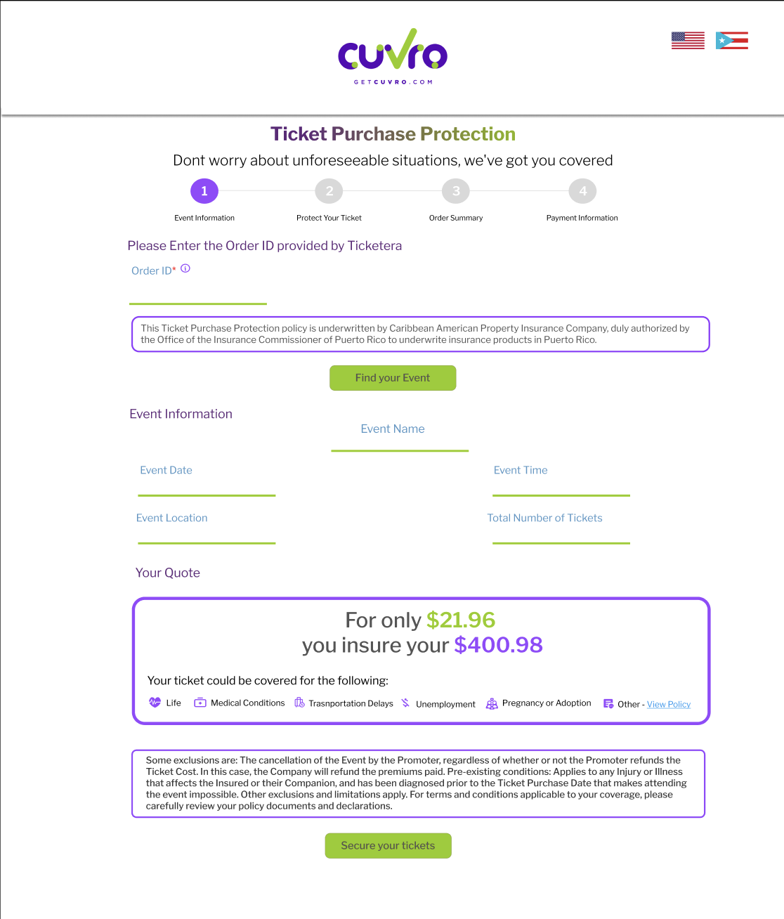 Online ticket purchase protection webpage for an event, with a logo at the top, flags of the United States and Puerto Rico, sections for event information, quote, and policy details, and a green button labeled 'Secure your tickets'.