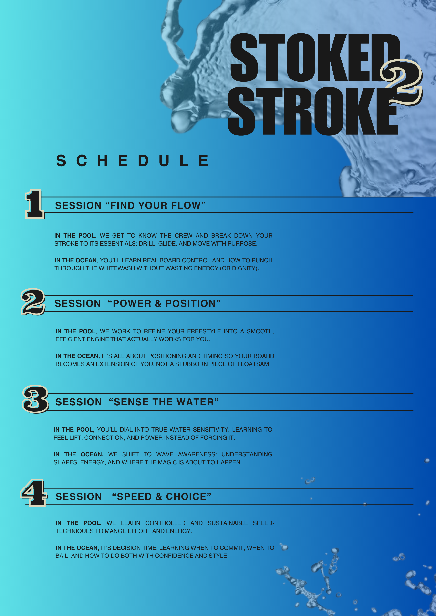 Schedule for the Stoked 2 Stroke swimming event, listing four sessions focused on different aspects of swimming techniques, including pool and ocean-based activities.