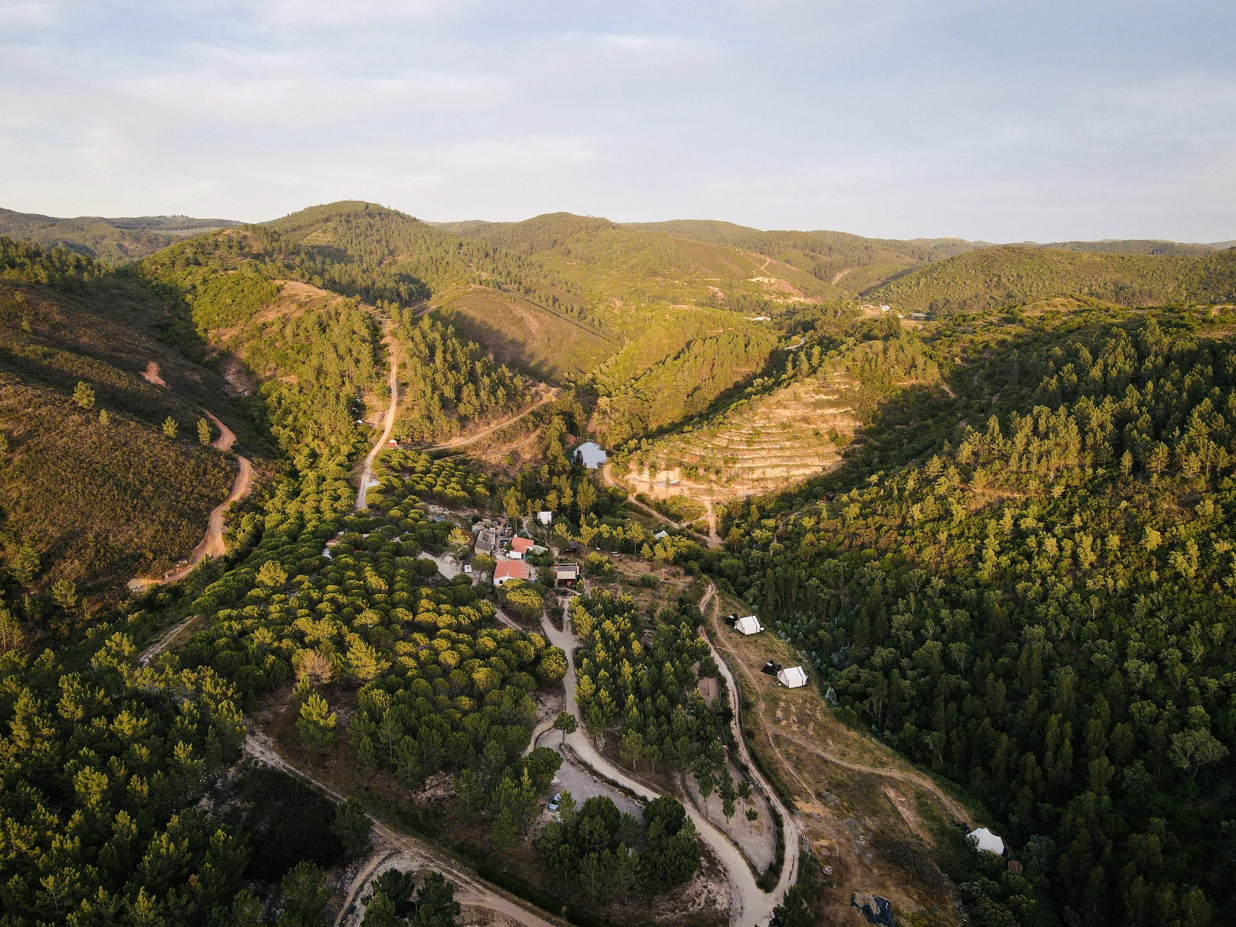Aerial view of a mountainous landscape with winding dirt roads, green trees, and small houses or cabins in a rural area.