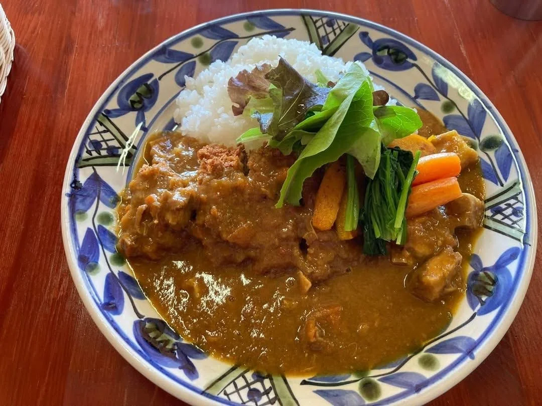 カレーライスとご飯のプレート。上にサラダと野菜が添えられている。