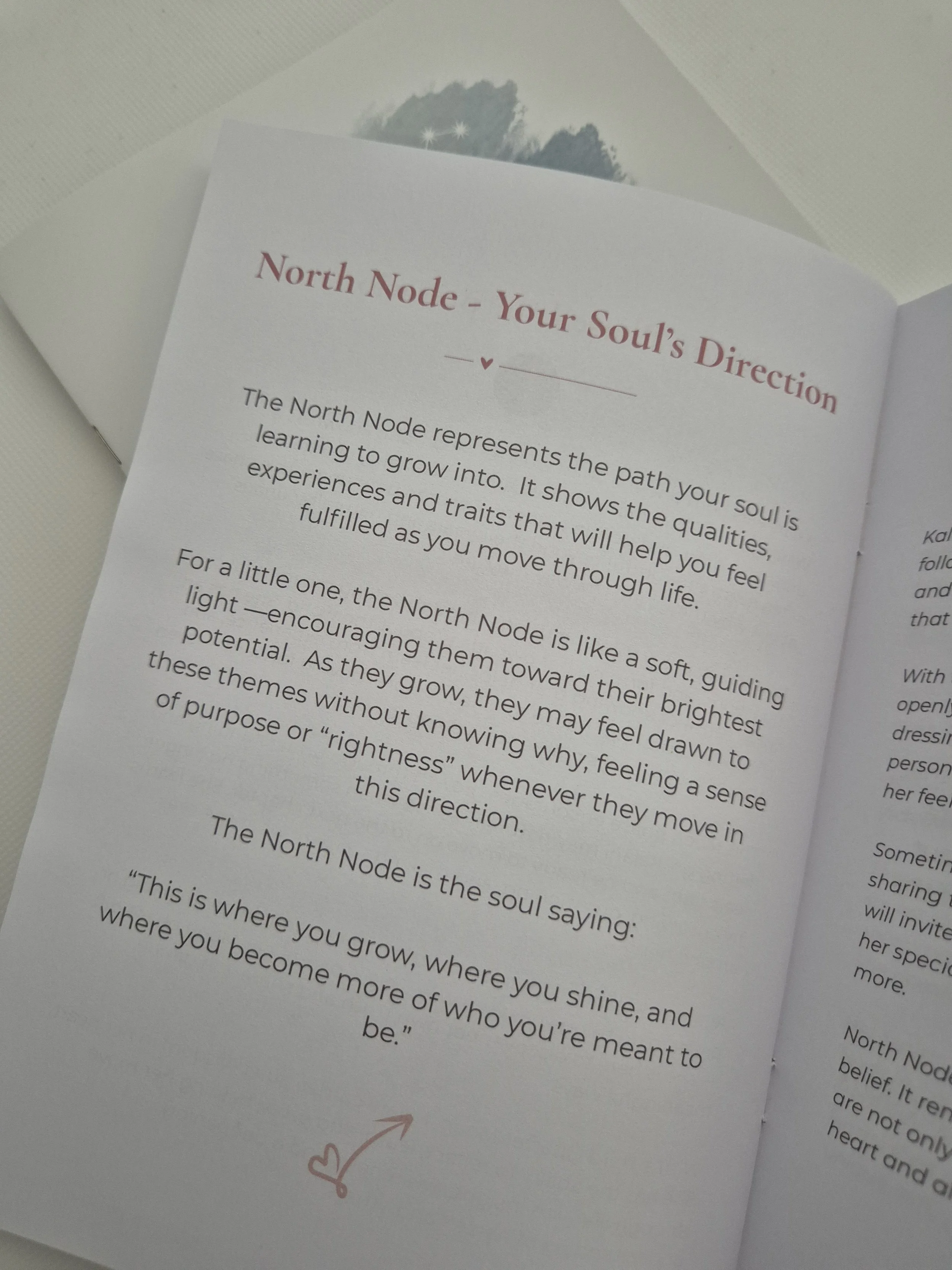 Sample page from a personalised baby astrology book showing 'North Node - Your Soul's Direction,'  details. Text then describes the North Node as a path for growth and qualities to develop.