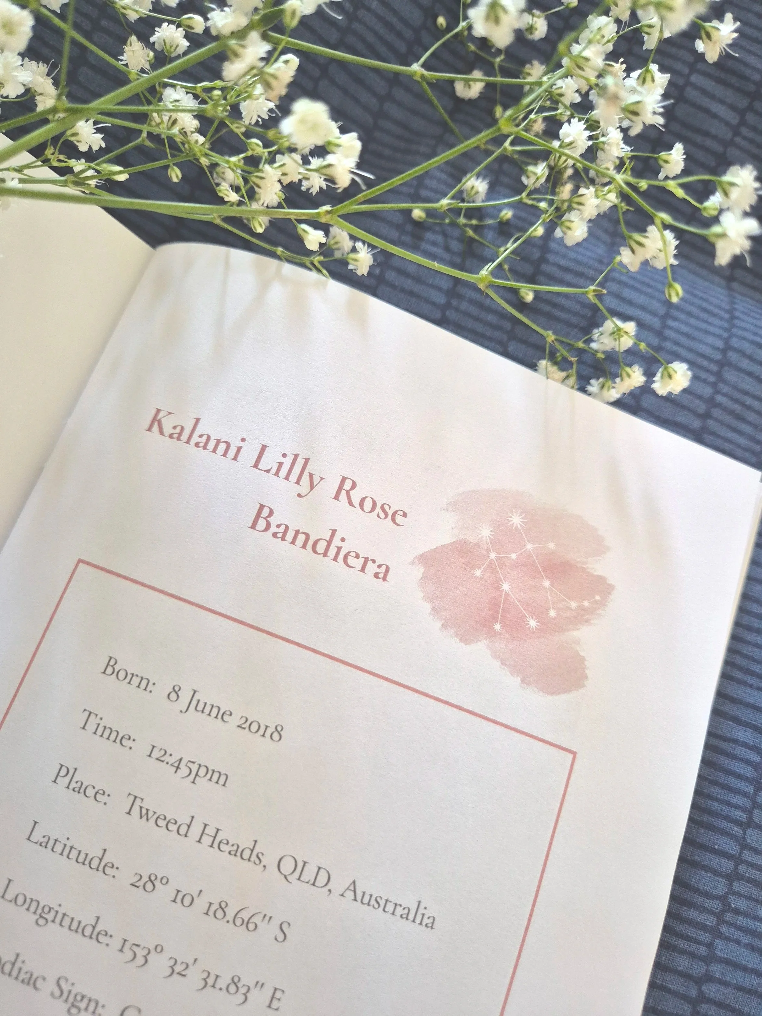 A look at the first page of a personalised baby astrology book which shows baby's name, constellation, date of birth, time of birth, place of birth with latitude and longitude.