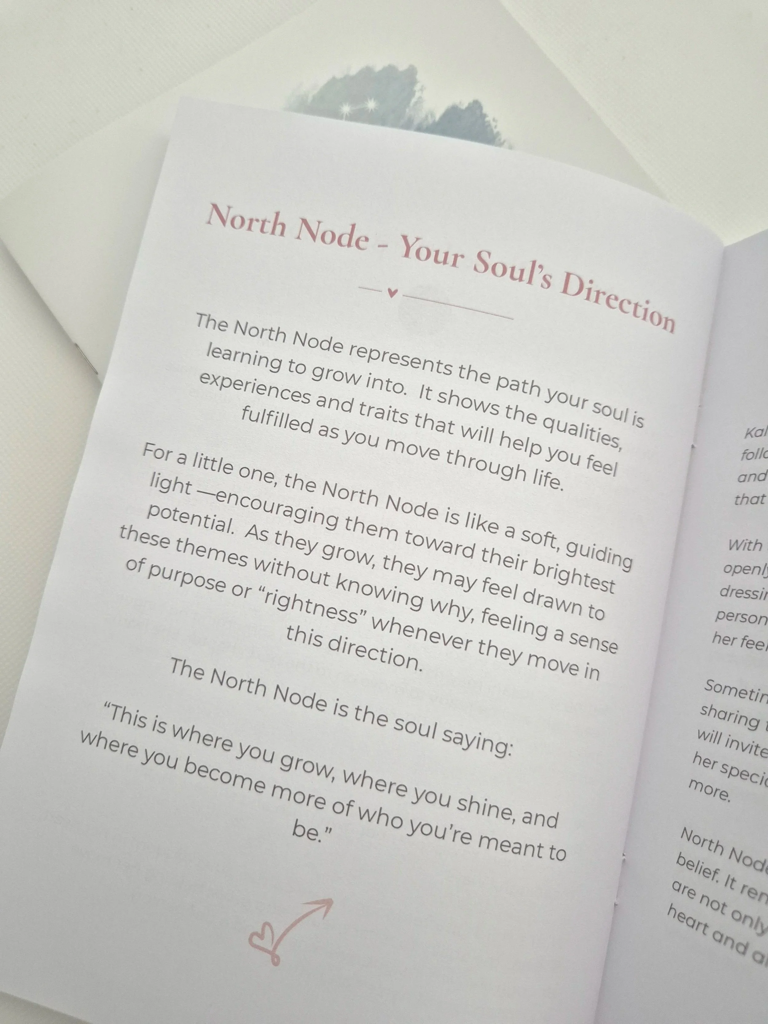 Sample page from a personalised baby astrology book showing 'North Node - Your Soul's Direction,'  details. Text then describes the North Node as a path for growth and qualities to develop.