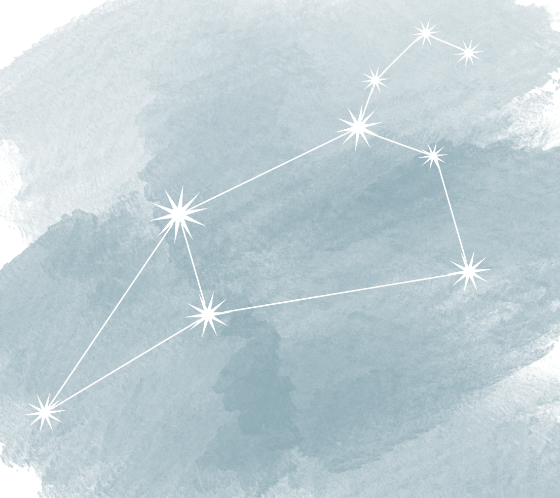 Constellation of stars connected with white lines over a watercolor blue background.