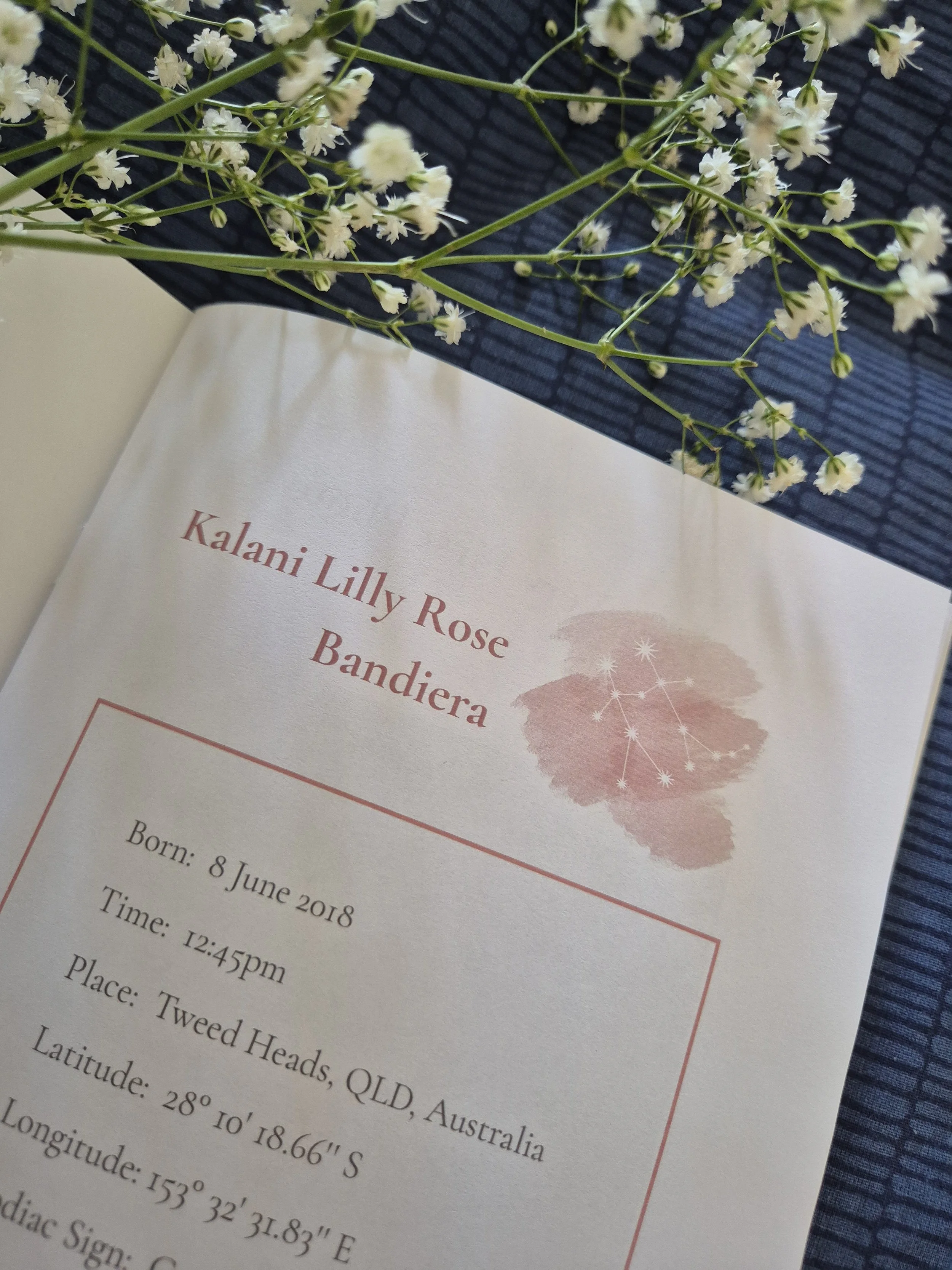 A look at the first page of a personalised baby astrology book which shows baby's name, constellation, date of birth, time of birth, place of birth with latitude and longitude.