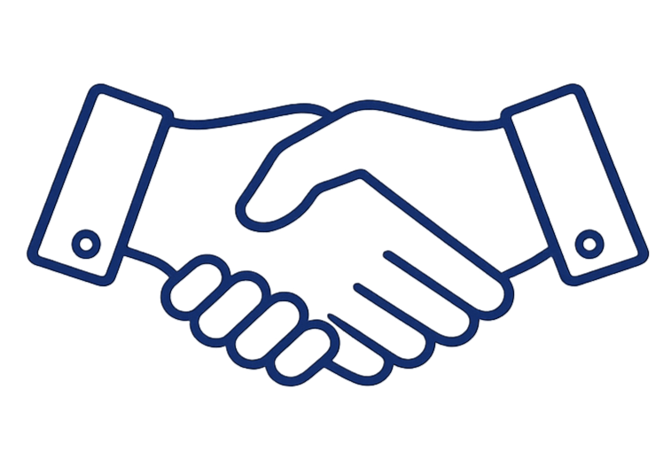 Outline drawing of a handshake on a blue background.