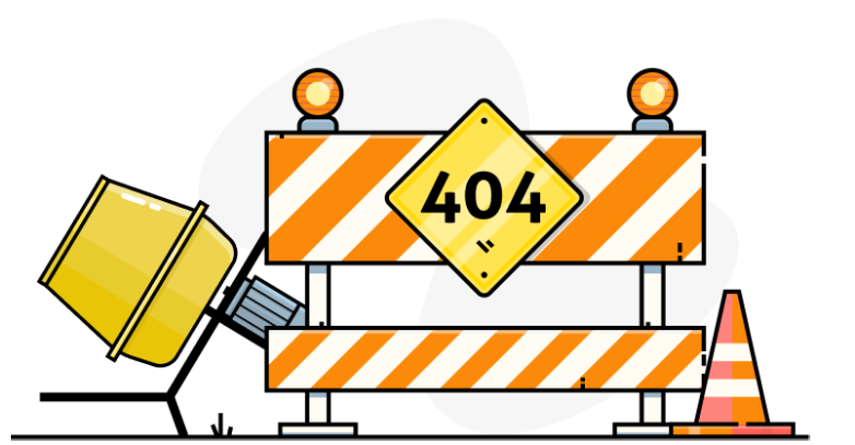 Illustration of a construction barrier with a 404 error sign, a yellow toolbox, and an orange traffic cone.