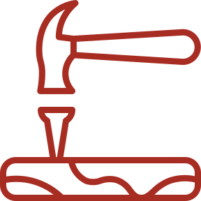 Red outline of a hammer hitting a surface.