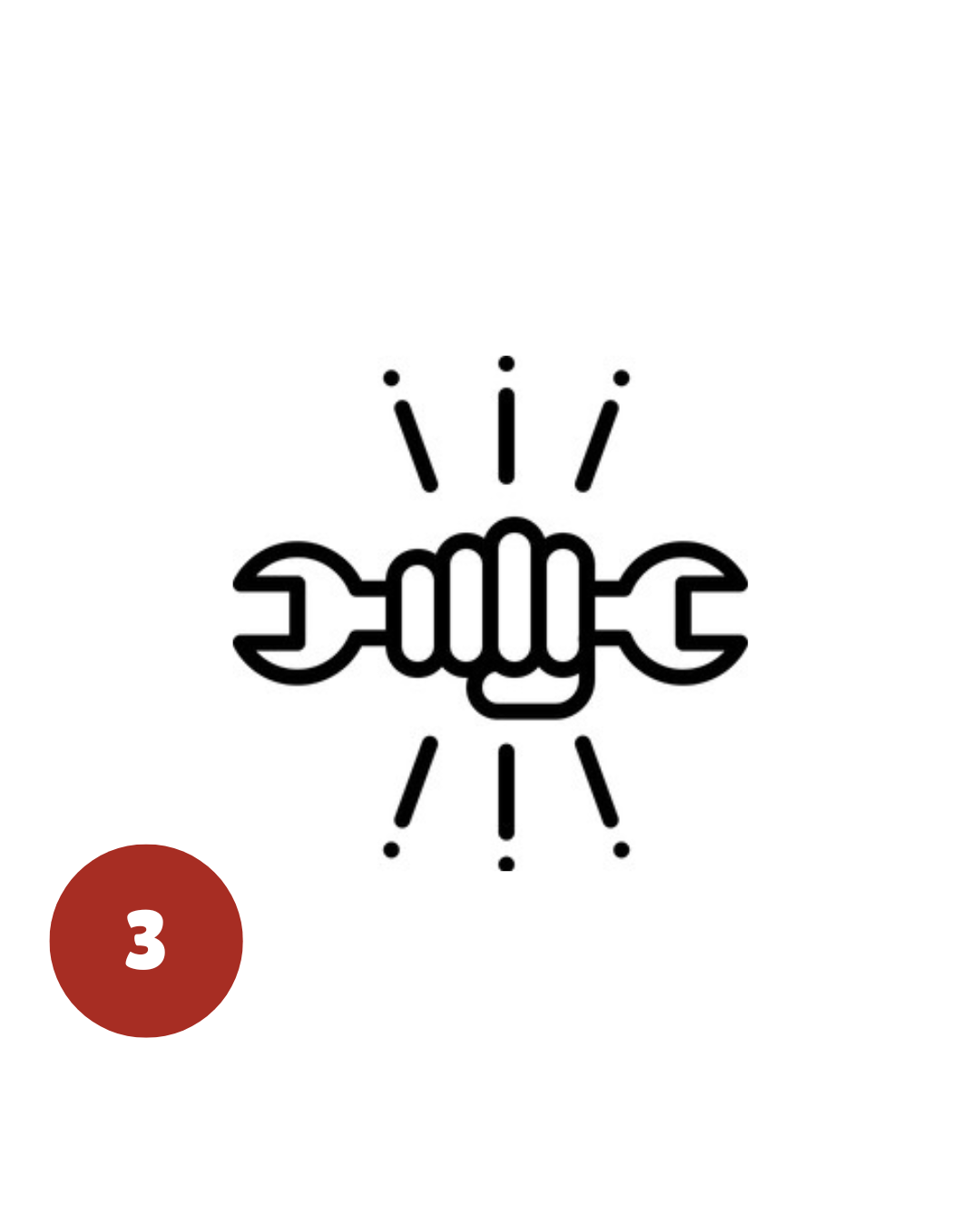 Black and white icon of a wrench crossed with a screwdriver, with lines radiating outward, indicating action or effort, with a red circle containing the number 3 in the lower left corner.