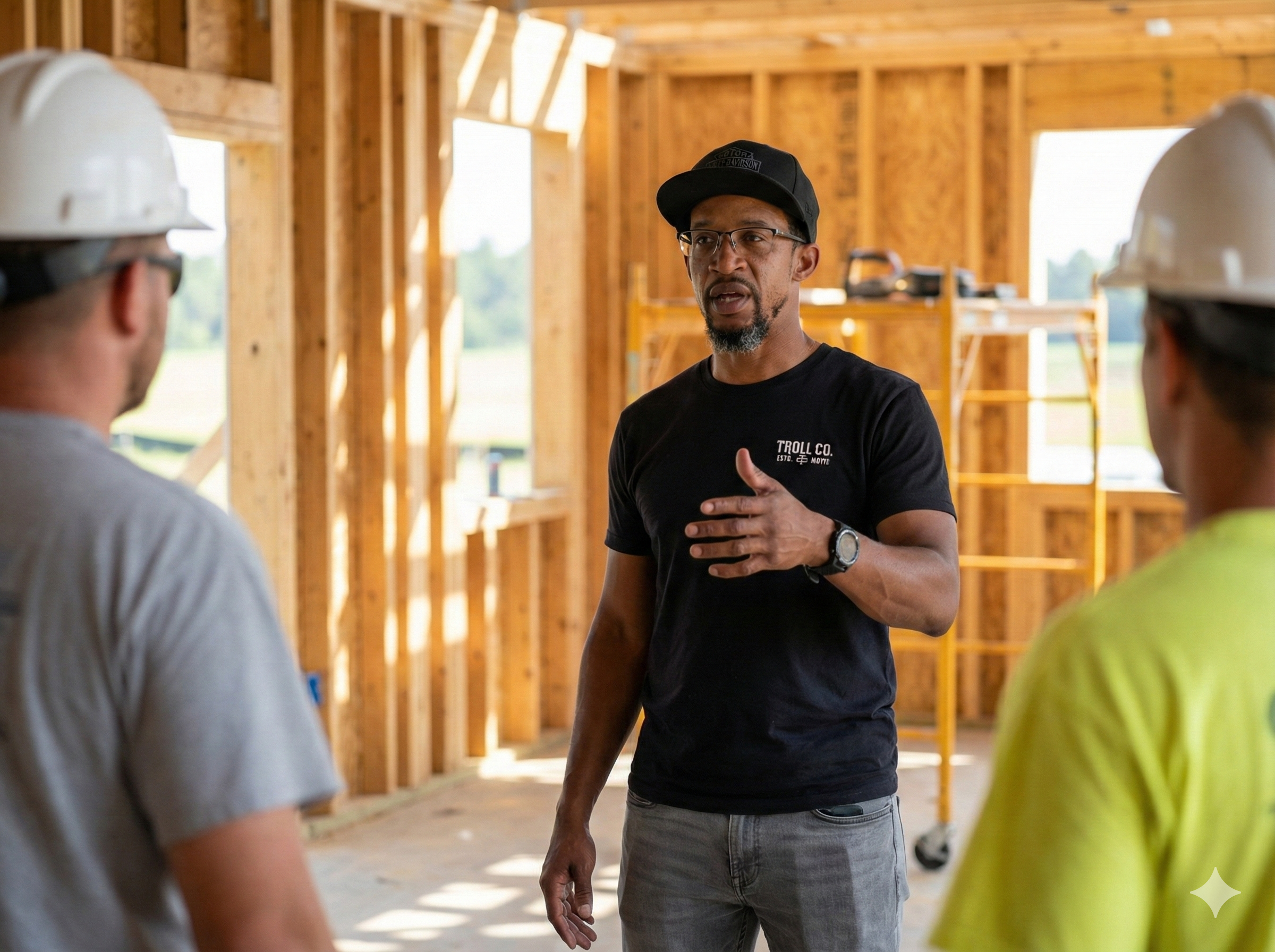 A general contractor speaks with clients during a walkthrough inside a framed residential renovation, explaining next steps before construction continues.