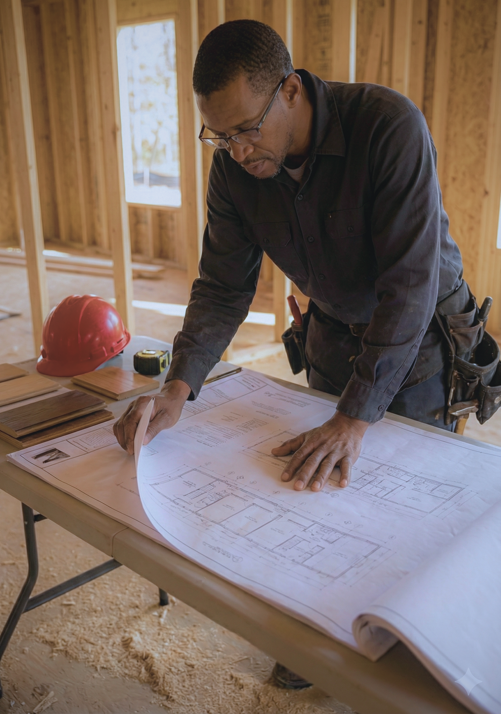 A man in a dark shirt and safety glasses working on architectural blueprints at a construction site with wooden framing, a red safety helmet, and tools nearby.