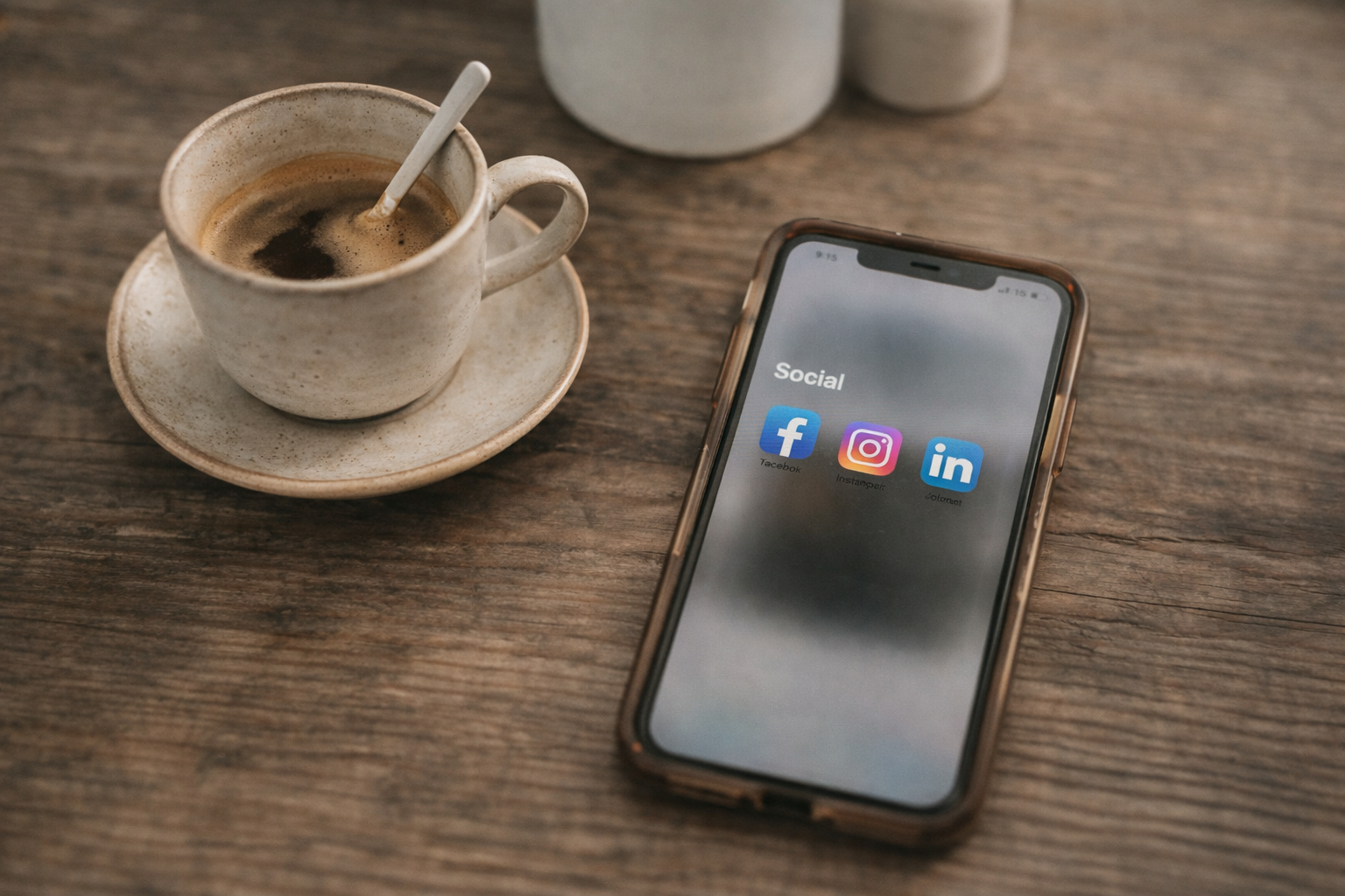 Eine Tasse Kaffee auf einem Holz Tisch neben einem Smartphone mit Social Media Apps