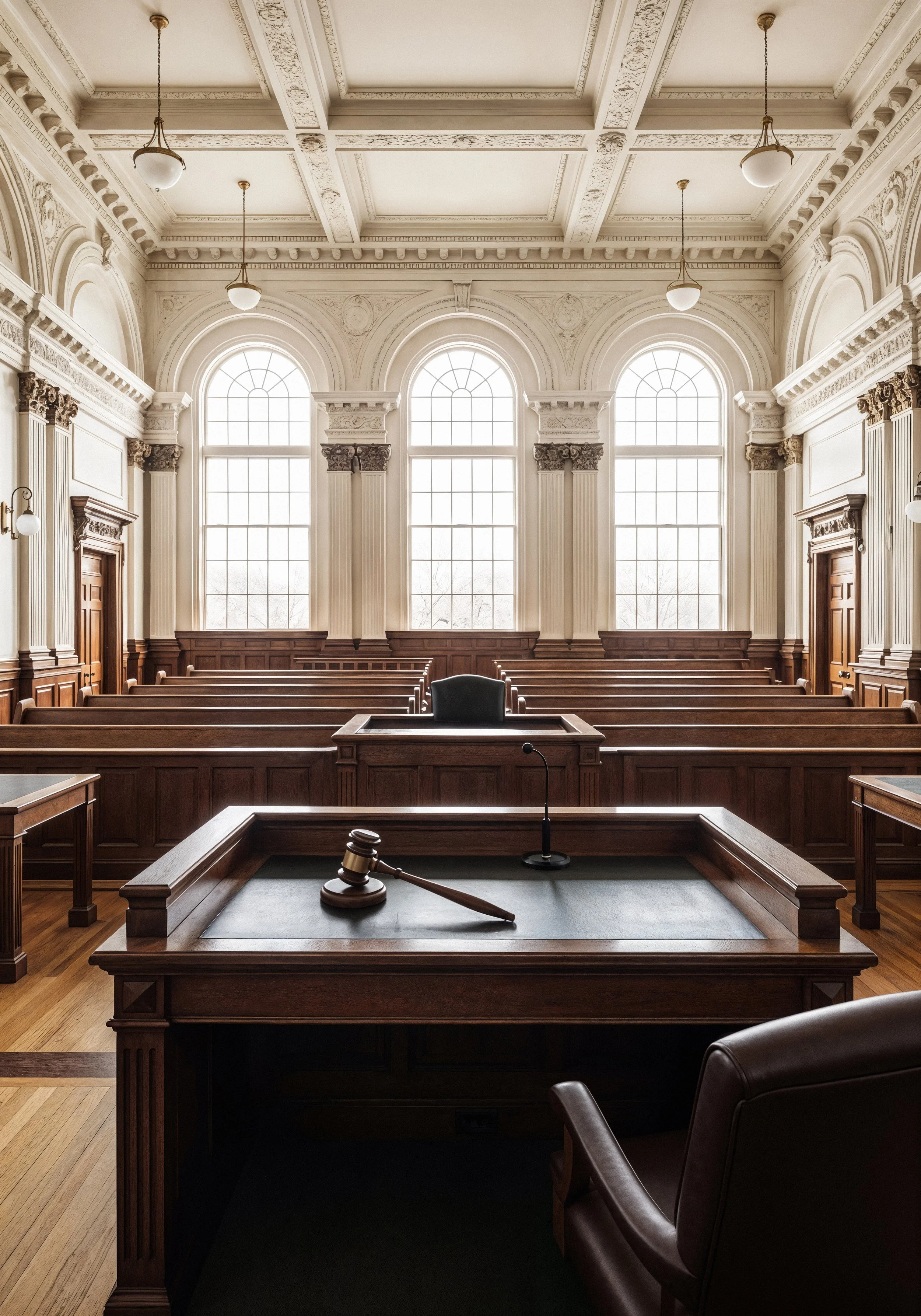 Salle d'audience de tribunal avec bancs en bois, bureau du juge avec marteau et microphone, grandes fenêtres avec volets, décorations classiques, plafond haut avec moulures, lumière naturelle.