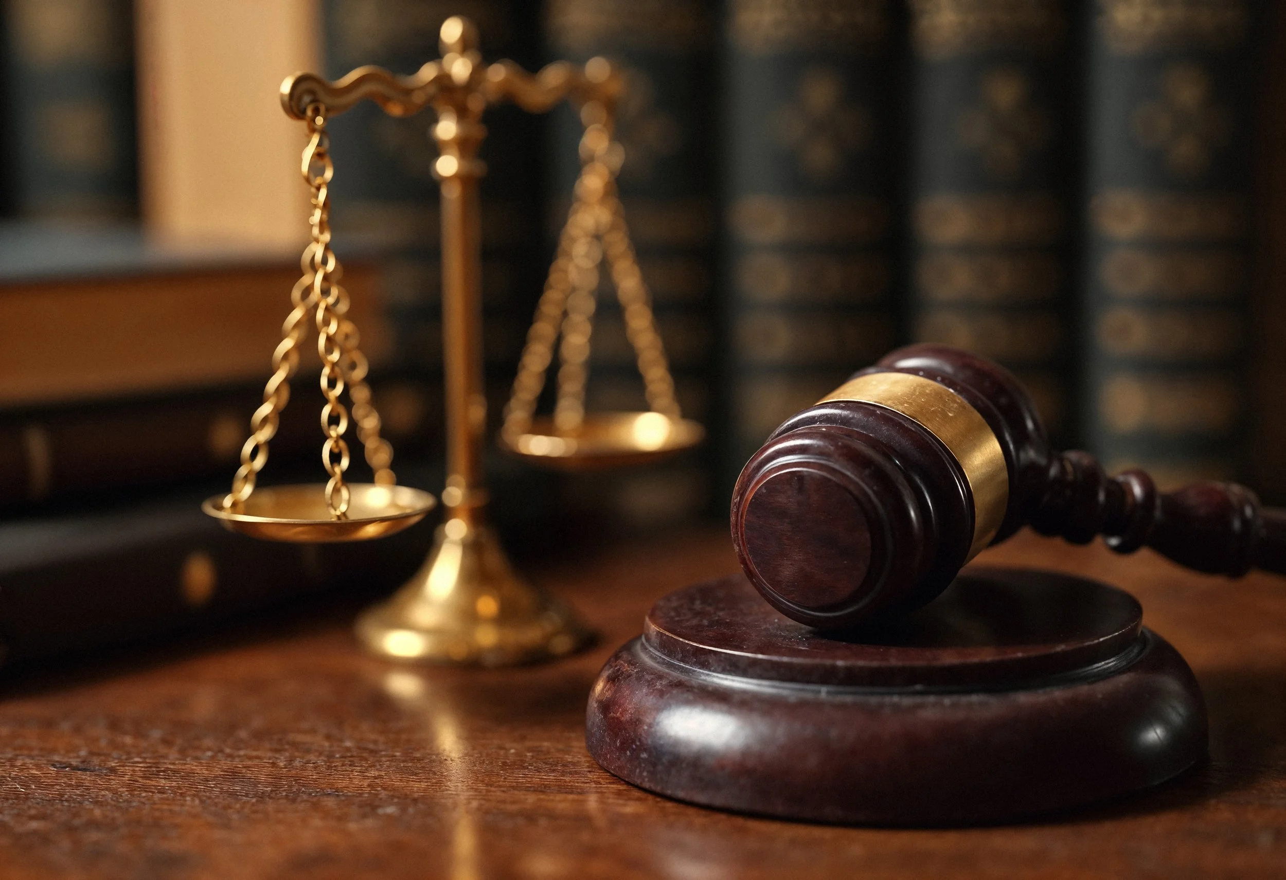 Une balance en or, une jurisprudence en bois avec un marteau de juge en bois, sur fond de bibliothèque classique de livres de droit.