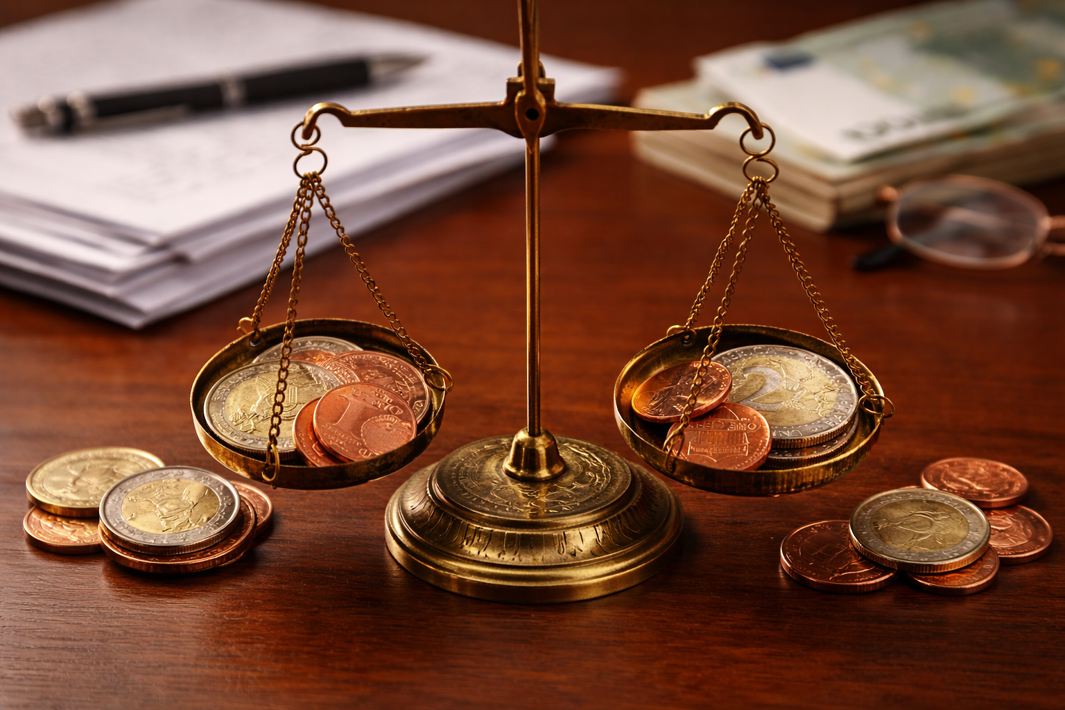 Une balance de bureau avec des pièces de monnaie de différentes valeurs sur chaque plate-forme, entourée de papiers, d'un stylo, de billets et de lunettes.