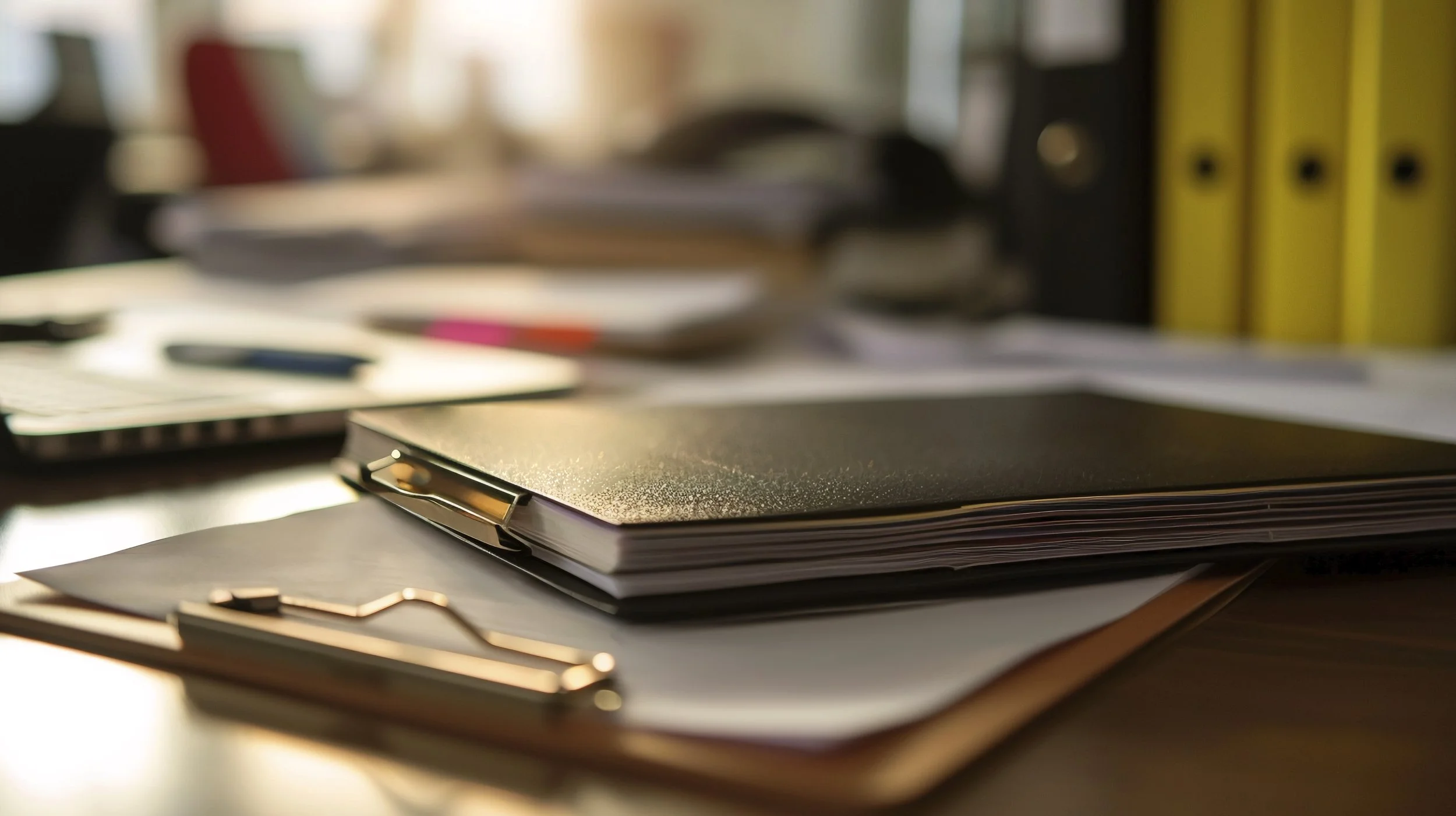 Desktop de bureau avec un classeur noir, des papiers, un porte-stylo en cuivre et des rayures de livre en arrière-plan.