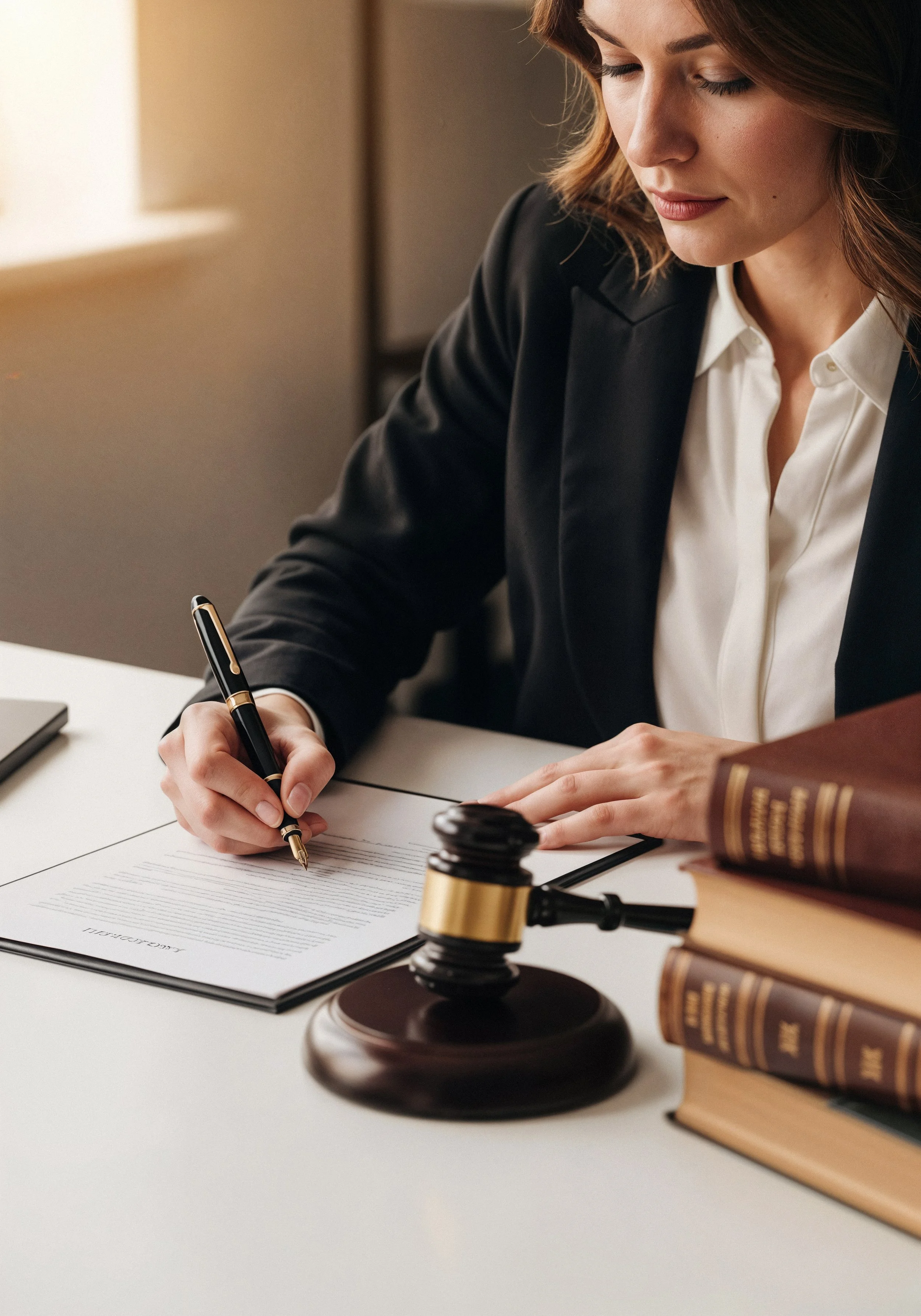 Femme en costume noir écrivant sur un document à un bureau, entourée de livres et d'un marteau de juge.