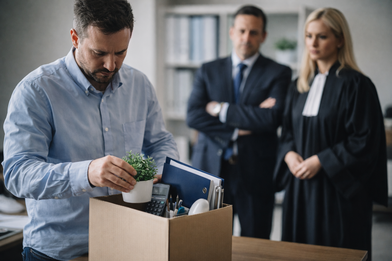 Un homme dépose une plante dans une boîte à un bureau en entreprise, avec deux personnes en robe de juge en arrière-plan.