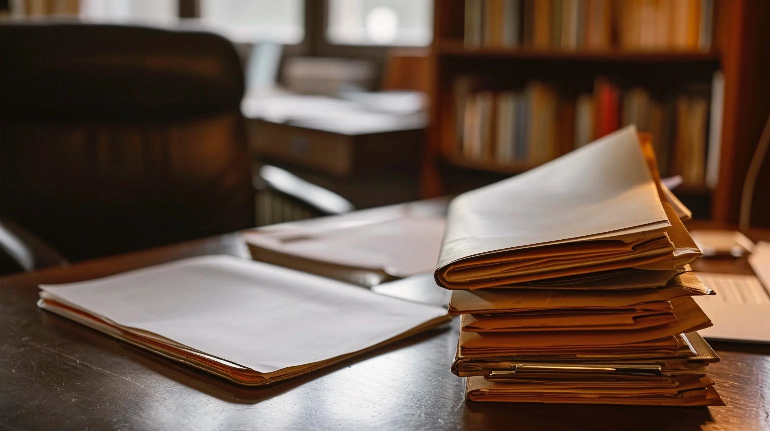 Étagère remplie de livres en arrière-plan, table en bois avec piles de papiers et documents, environnement de bibliothèque ou de bureau, lumière naturelle.