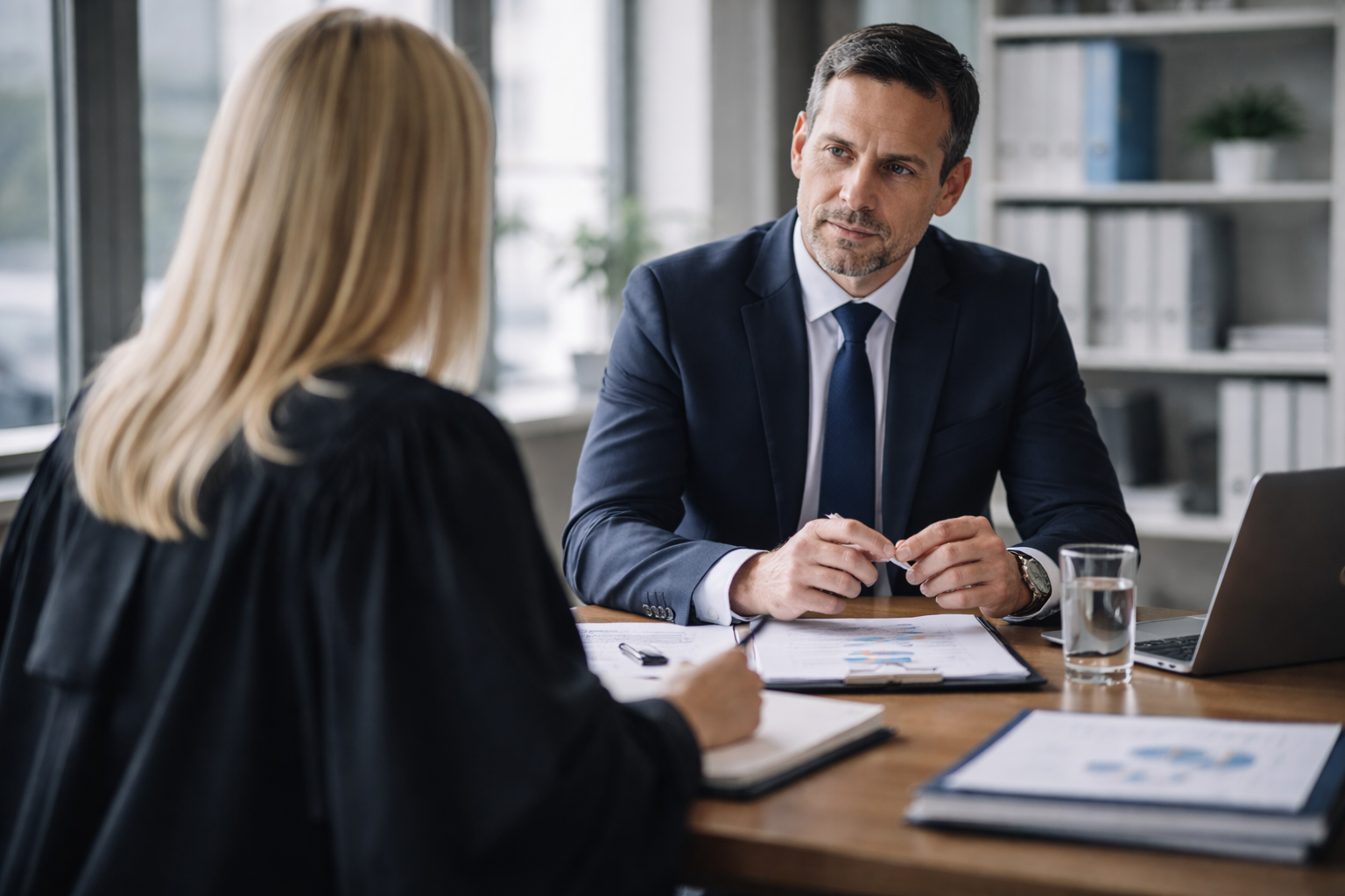 Deux personnes en réunion, un homme en costume et une femme, discutant dans un bureau moderne avec des documents, un ordinateur portable et un verre d'eau sur la table.