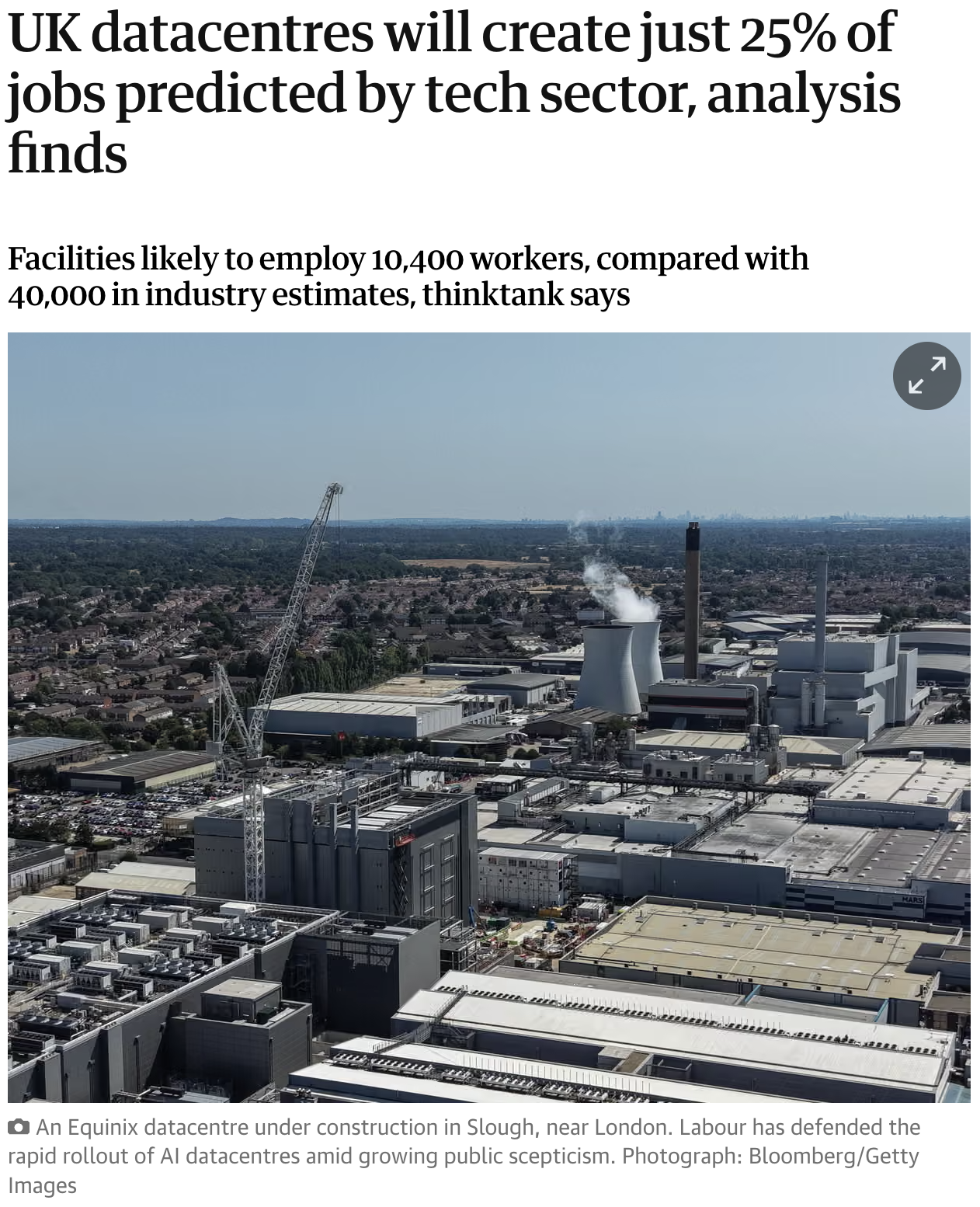UK datacentres will create just 25% of jobs predicted by tech sector, analysis finds